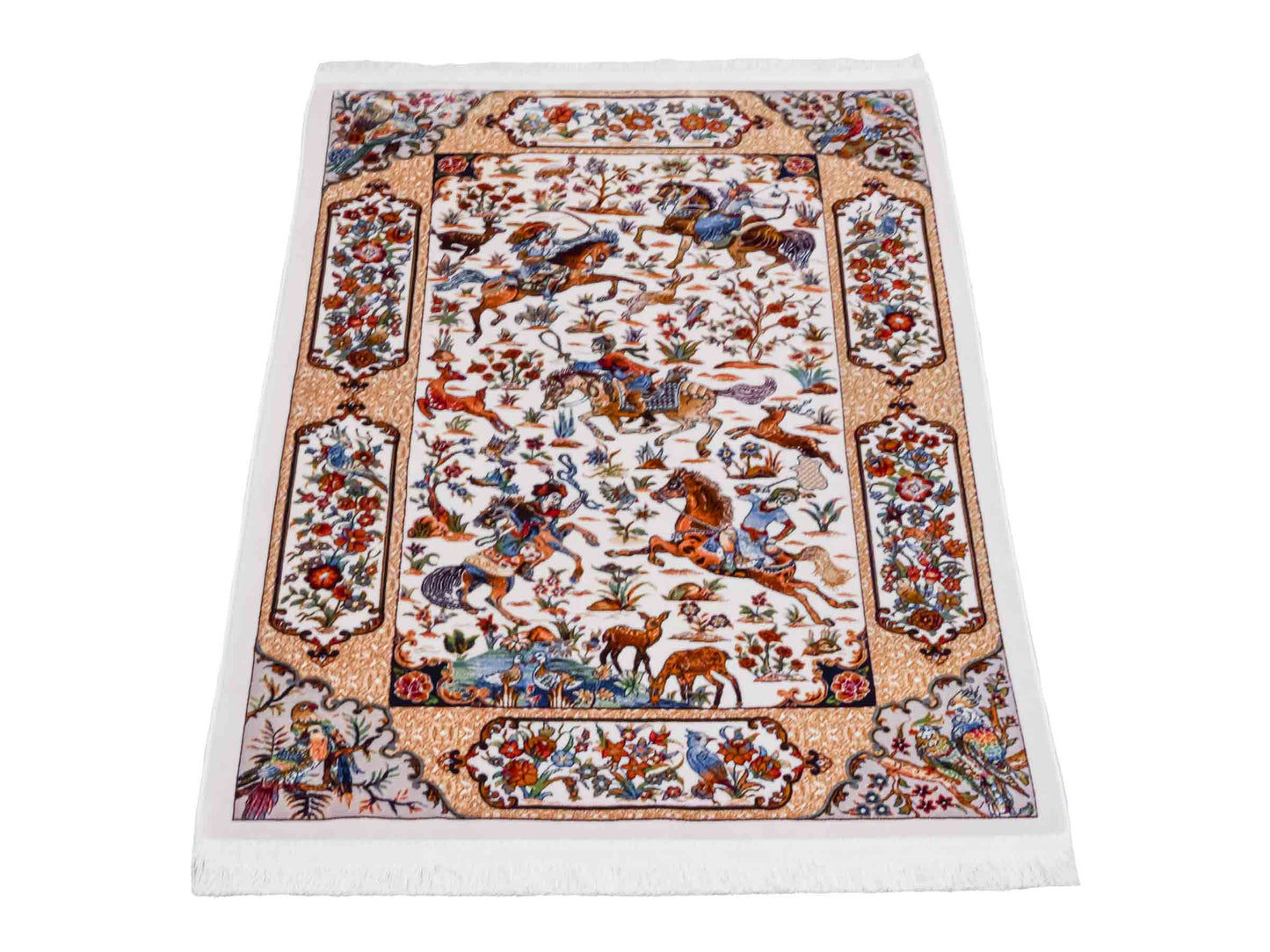 Ghom Maschinenteppich "Fariborz" 90 x 60 cm aus pflanzlicher Seide (Viskose) mit Jagdmotiv, Cremeweiß. Teppichnummer: V25CR054M. Persian Luxury Collection by Khademi. Made in Iran / Persia – Vertrieb durch JUPITER Intl.