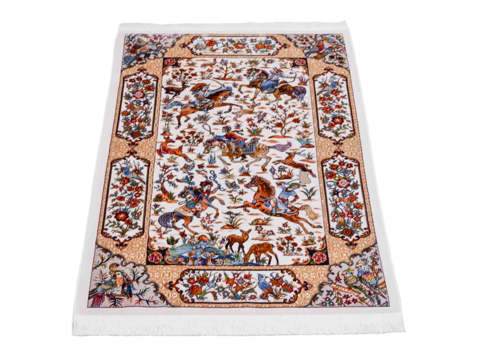 Ghom Maschinenteppich "Fariborz" 90 x 60 cm aus pflanzlicher Seide (Viskose) mit Jagdmotiv, Cremeweiß. Teppichnummer: V25CR054M. Persian Luxury Collection by Khademi. Made in Iran / Persia – Vertrieb durch JUPITER Intl.