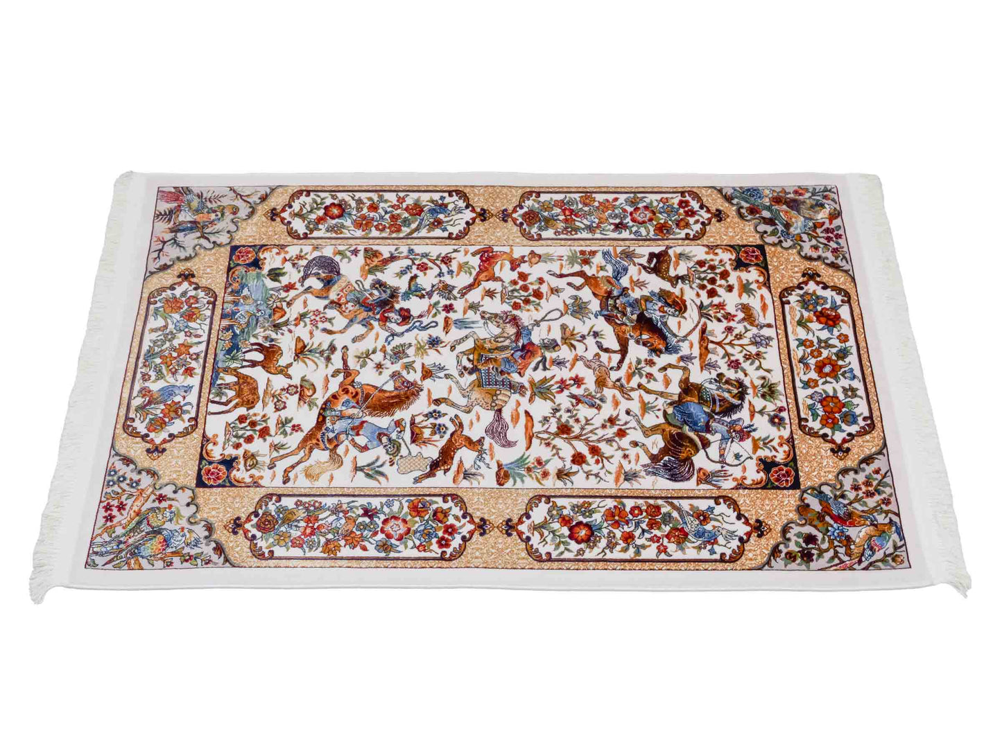 Ghom Maschinenteppich "Fariborz" 90 x 60 cm aus pflanzlicher Seide (Viskose) mit Jagdmotiv, Cremeweiß. Teppichnummer: V25CR054M. Persian Luxury Collection by Khademi. Made in Iran / Persia – Vertrieb durch JUPITER Intl.