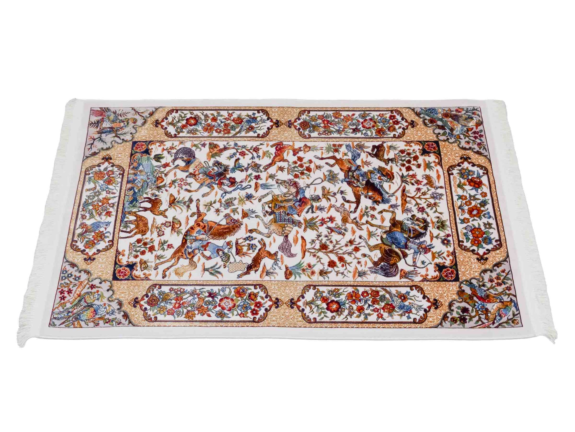 Ghom Maschinenteppich "Fariborz" 90 x 60 cm aus pflanzlicher Seide (Viskose) mit Jagdmotiv, Cremeweiß. Teppichnummer: V25CR054M. Persian Luxury Collection by Khademi. Made in Iran / Persia – Vertrieb durch JUPITER Intl.
