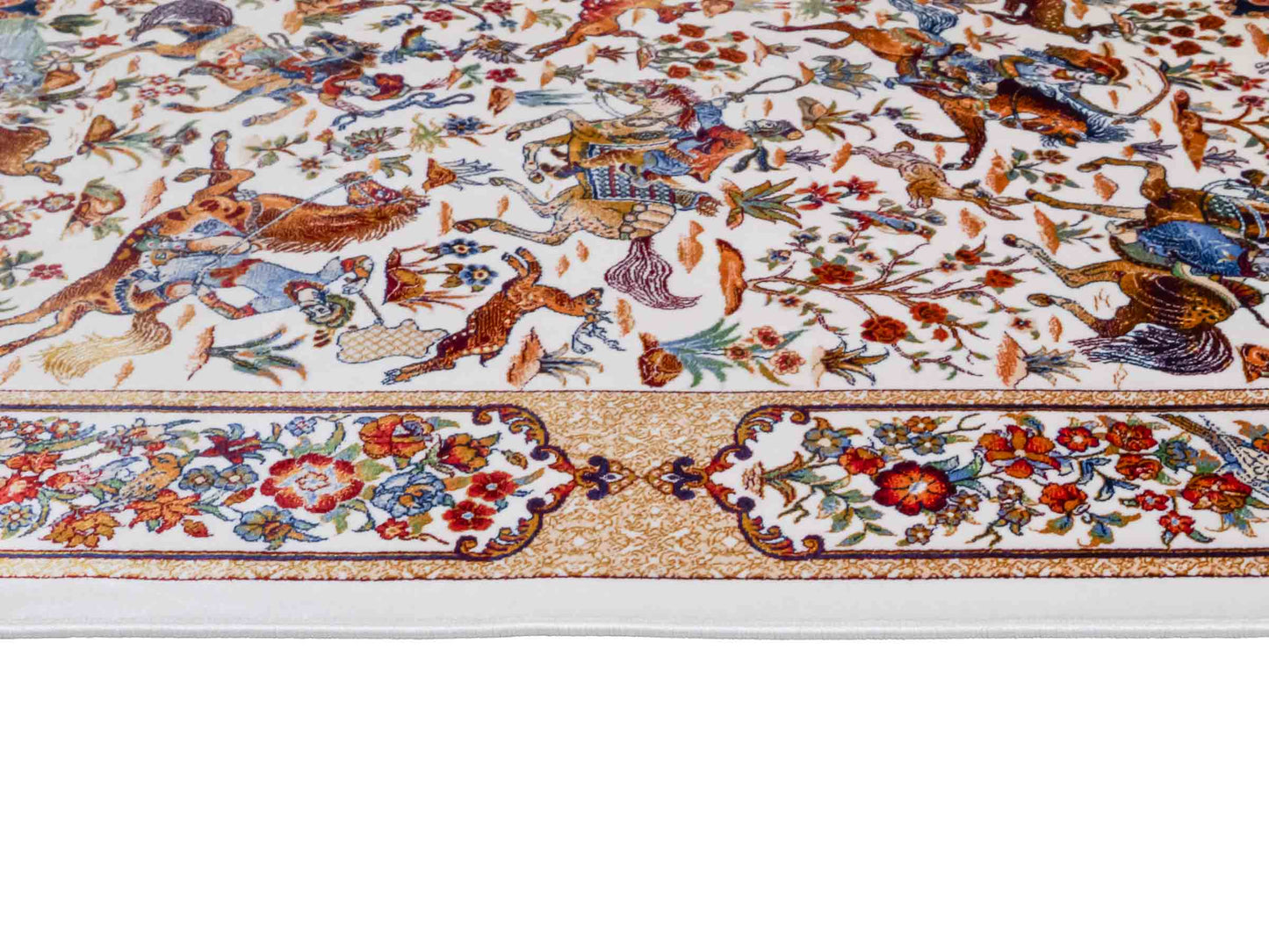 Ghom Maschinenteppich "Fariborz" 90 x 60 cm aus pflanzlicher Seide (Viskose) mit Jagdmotiv, Cremeweiß. Teppichnummer: V25CR054M. Persian Luxury Collection by Khademi. Made in Iran / Persia – Vertrieb durch JUPITER Intl.
