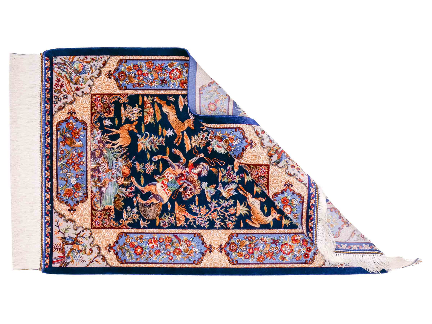 Ghom Maschinenteppich "Fariborz" 90 x 60 cm aus pflanzlicher Seide (Viskose) mit Jagdmotiv, Navy-Blau. Teppichnummer: V25NY054H. Persian Luxury Collection by Khademi. Made in Iran / Persia – Vertrieb durch JUPITER Intl.