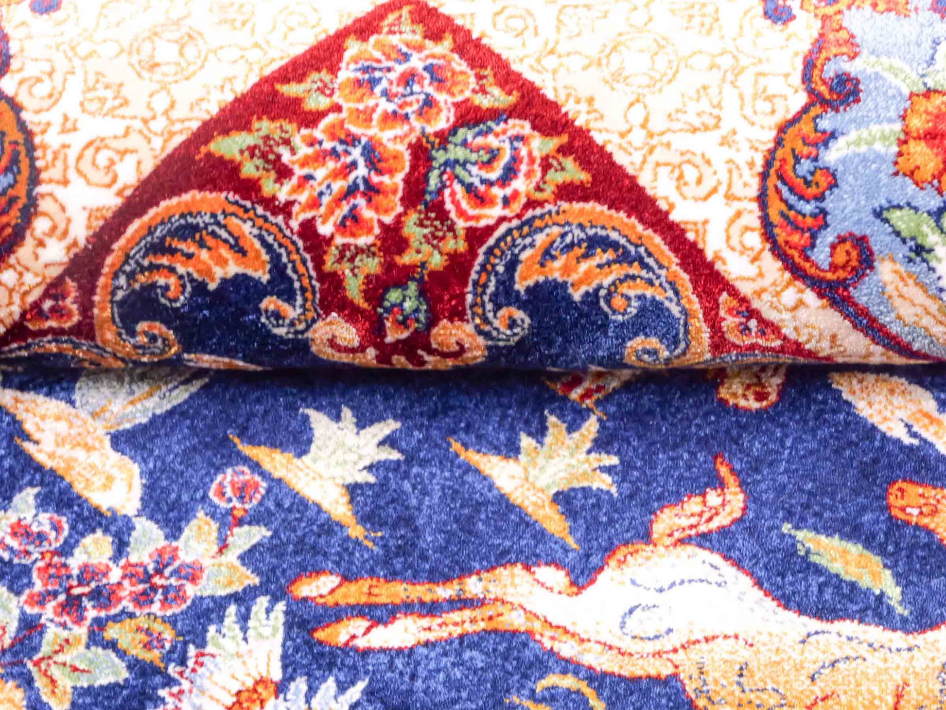 Ghom Maschinenteppich "Fariborz" 90 x 60 cm aus pflanzlicher Seide (Viskose) mit Jagdmotiv, Navy-Blau. Teppichnummer: V25NY054H. Persian Luxury Collection by Khademi. Made in Iran / Persia – Vertrieb durch JUPITER Intl.