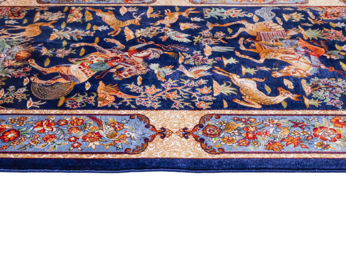 Ghom Maschinenteppich "Fariborz" 90 x 60 cm aus pflanzlicher Seide (Viskose) mit Jagdmotiv, Navy-Blau. Teppichnummer: V25NY054H. Persian Luxury Collection by Khademi. Made in Iran / Persia – Vertrieb durch JUPITER Intl.