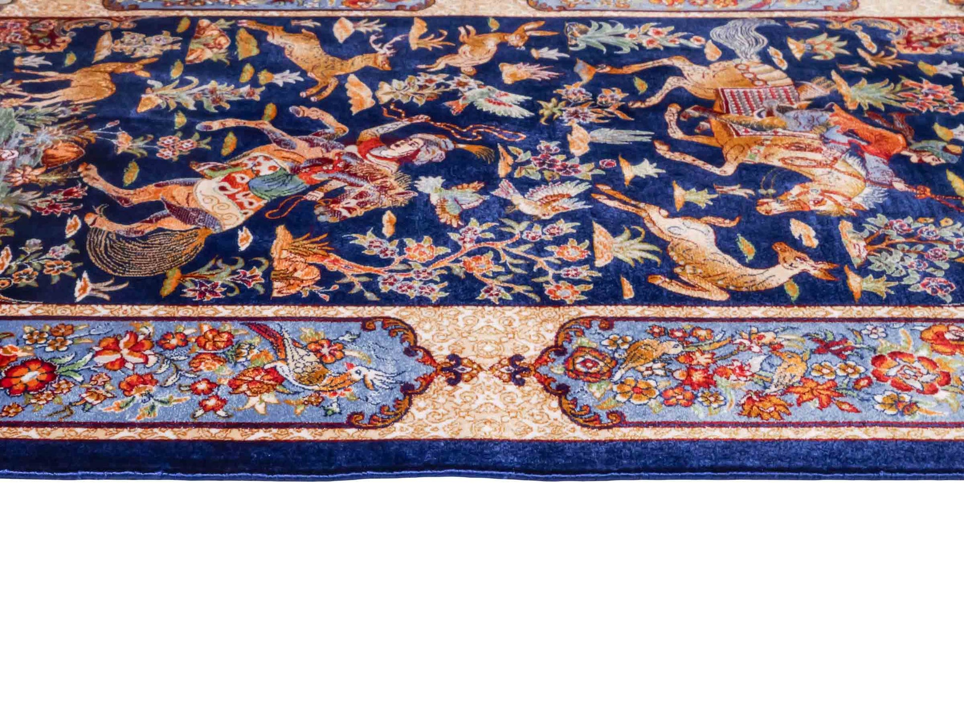 Ghom Maschinenteppich "Fariborz" 90 x 60 cm aus pflanzlicher Seide (Viskose) mit Jagdmotiv, Navy-Blau. Teppichnummer: V25NY054H. Persian Luxury Collection by Khademi. Made in Iran / Persia – Vertrieb durch JUPITER Intl.