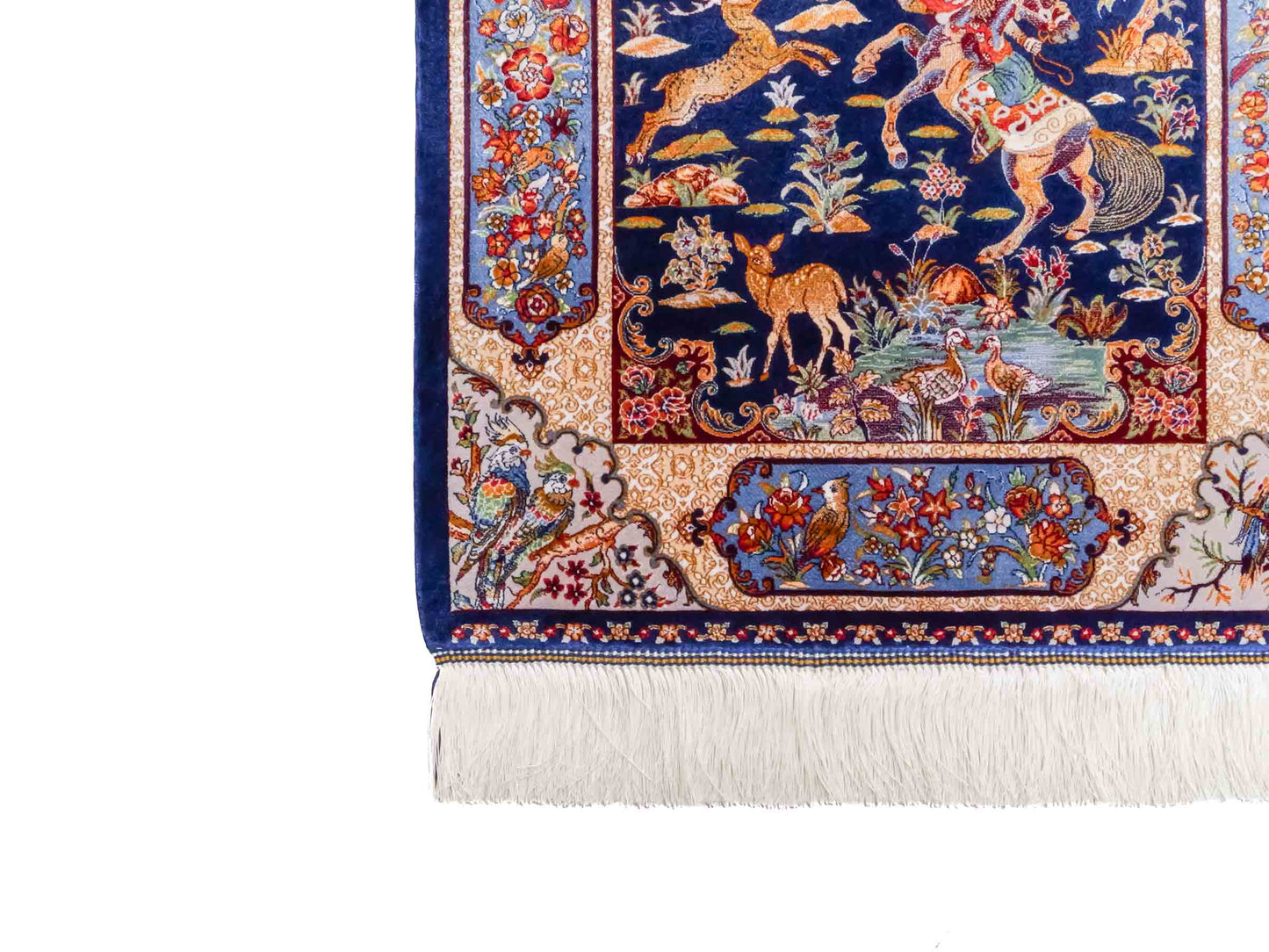 Ghom Maschinenteppich "Fariborz" 90 x 60 cm aus pflanzlicher Seide (Viskose) mit Jagdmotiv, Navy-Blau. Teppichnummer: V25NY054H. Persian Luxury Collection by Khademi. Made in Iran / Persia – Vertrieb durch JUPITER Intl.