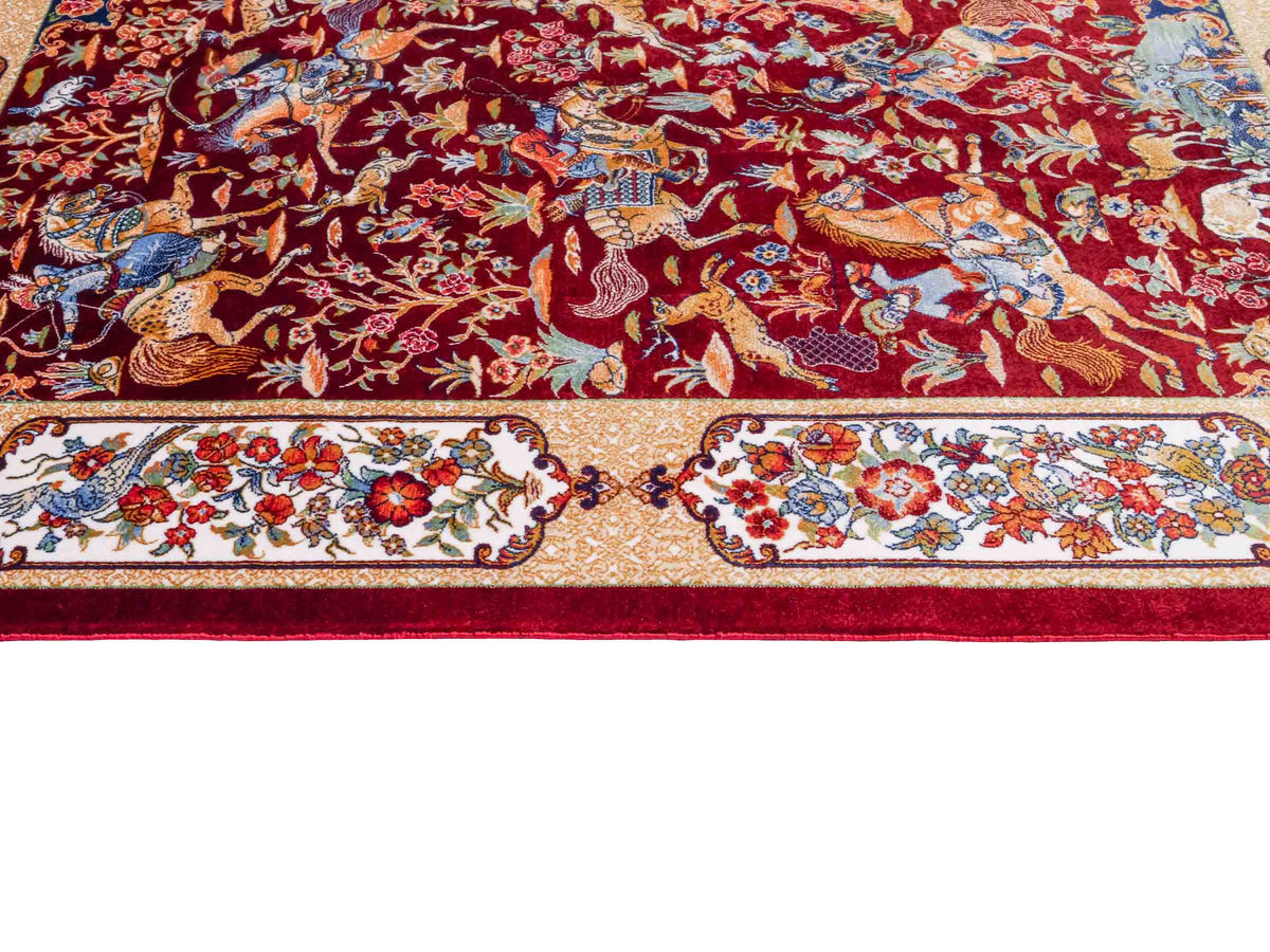 Ghom Maschinenteppich "Fariborz" 90 x 60 cm, mit Jagdmotiv, Rot-Beige, aus pflanzlicher Seide (Viskose), Hand-Finished. Teppichnummer: V25RB054H. Persian Luxury Collection by Khademi. Made in Iran / Persia – Vertrieb durch JUPITER Intl.