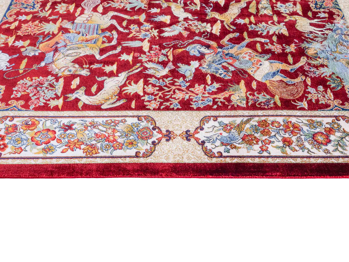 Ghom Maschinenteppich "Fariborz" 90 x 60 cm, mit Jagdmotiv, Rot, aus pflanzlicher Seide (Viskose), Hand-Finished. Teppichnummer: V25RD054H. Persian Luxury Collection by Khademi. Made in Iran / Persia – Vertrieb durch JUPITER Intl.