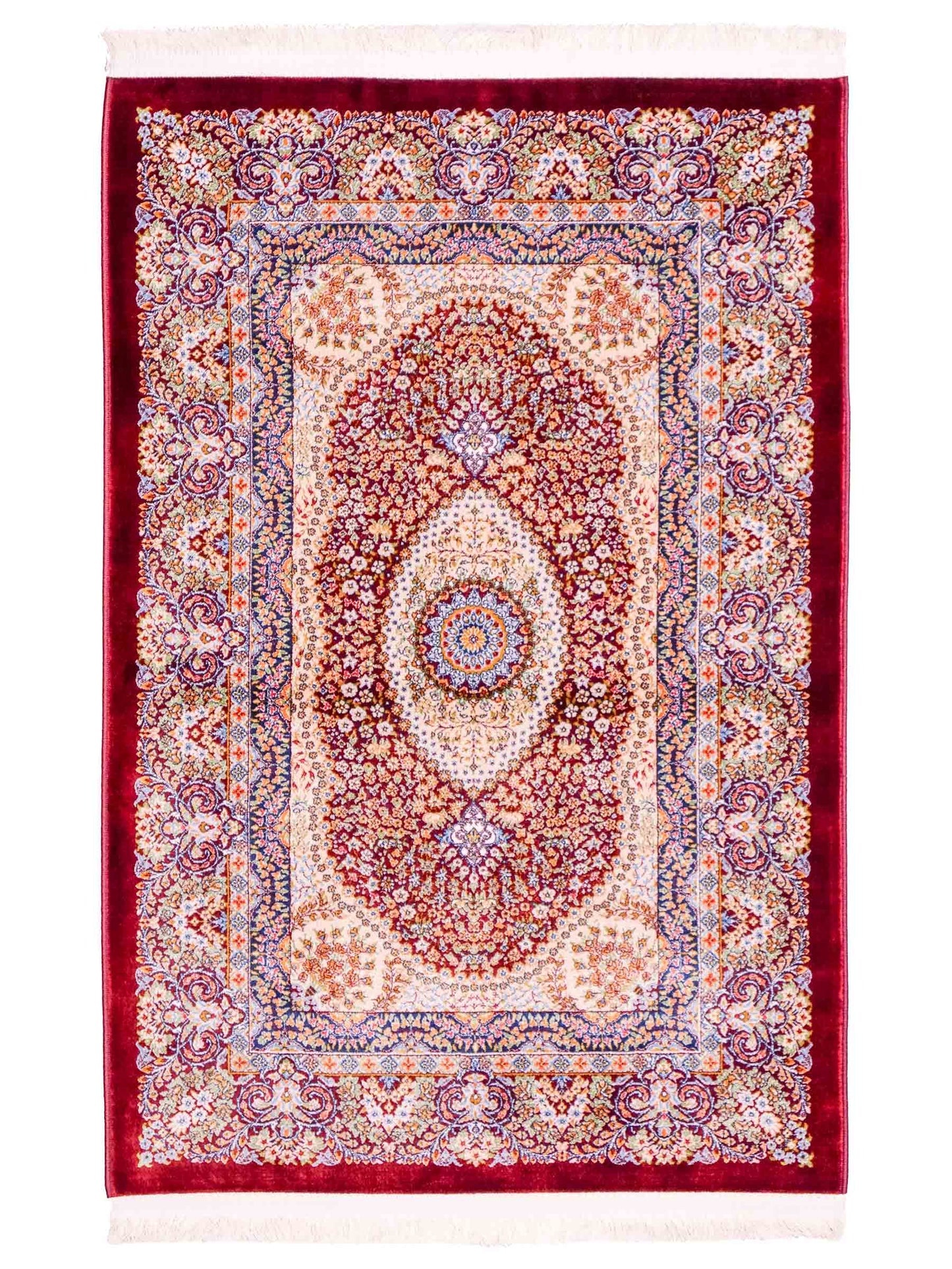 Ghom Maschinenteppich "Farr" 90 x 60 cm aus pflanzlicher Seide (Viskose) mit Medaillon, Rot. Teppichnummer: V27RD054M. Persian Luxury Collection by Khademi. Made in Iran / Persia – Vertrieb durch JUPITER Intl.