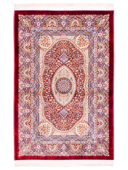 Ghom Maschinenteppich "Farr" 90 x 60 cm aus pflanzlicher Seide (Viskose) mit Medaillon, Rot. Teppichnummer: V27RD054M. Persian Luxury Collection by Khademi. Made in Iran / Persia – Vertrieb durch JUPITER Intl.