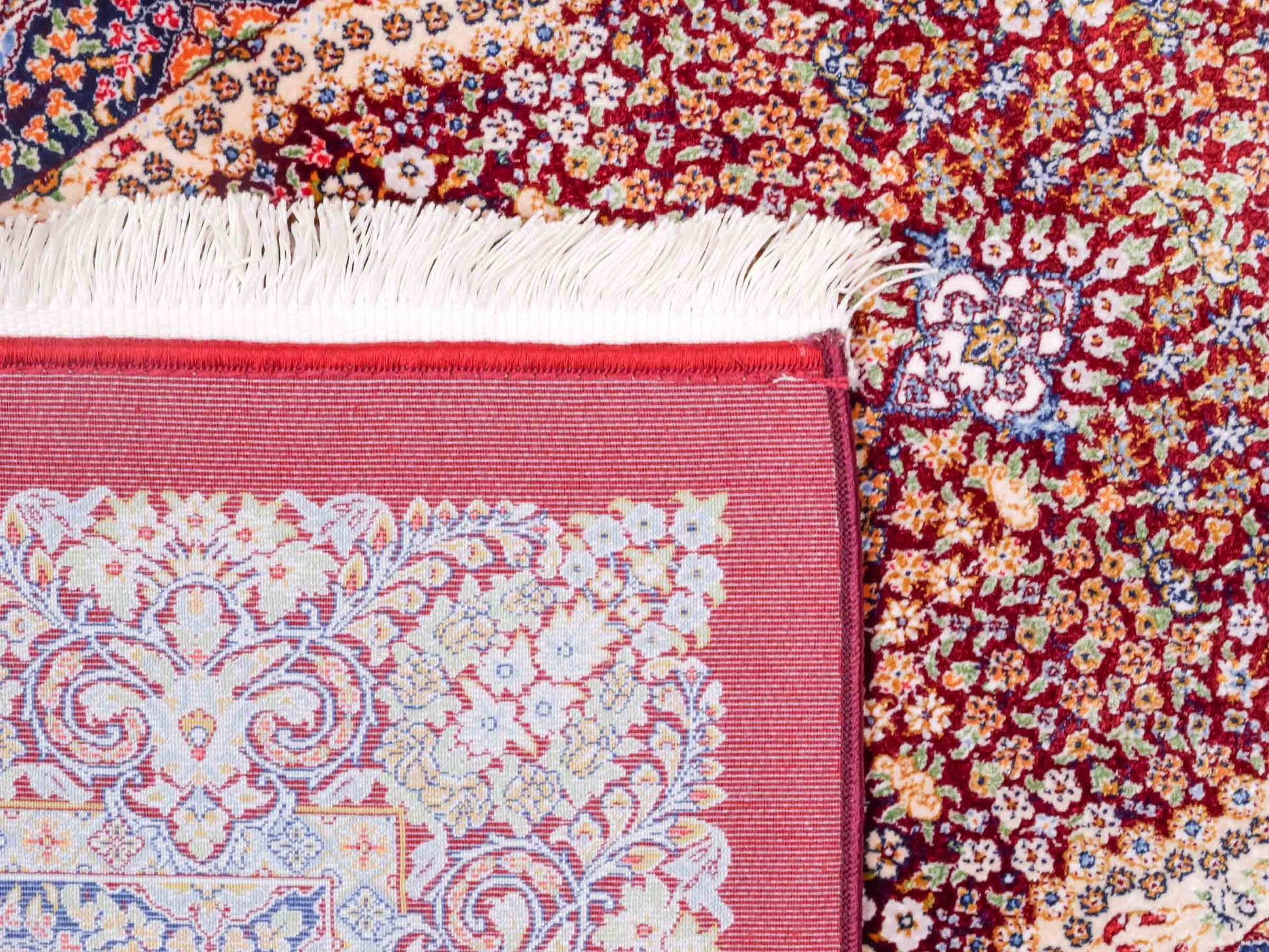 Ghom Maschinenteppich "Farr" 90 x 60 cm aus pflanzlicher Seide (Viskose) mit Medaillon, Rot. Teppichnummer: V27RD054M. Persian Luxury Collection by Khademi. Made in Iran / Persia – Vertrieb durch JUPITER Intl.