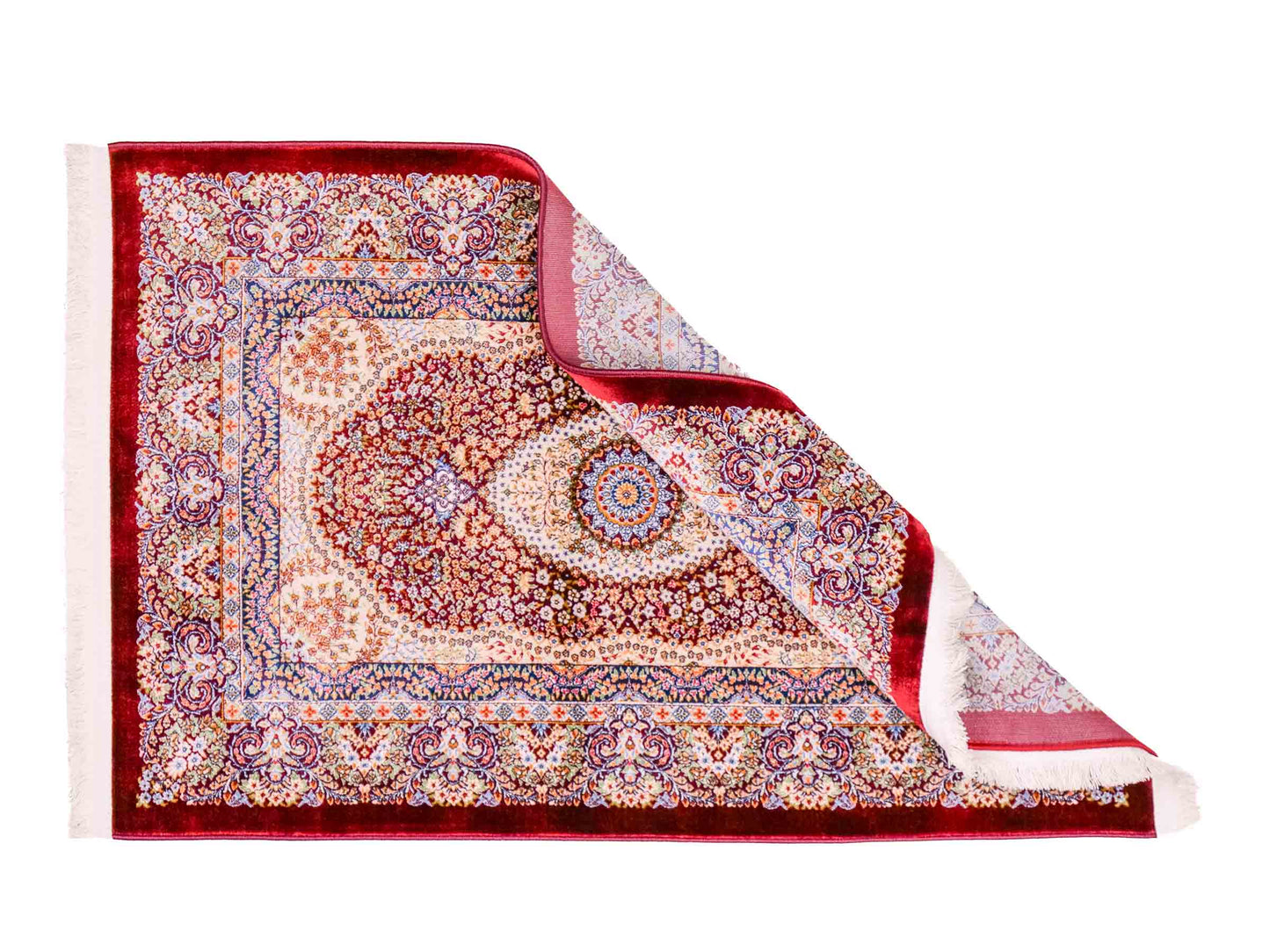 Ghom Maschinenteppich "Farr" 90 x 60 cm aus pflanzlicher Seide (Viskose) mit Medaillon, Rot. Teppichnummer: V27RD054M. Persian Luxury Collection by Khademi. Made in Iran / Persia – Vertrieb durch JUPITER Intl.