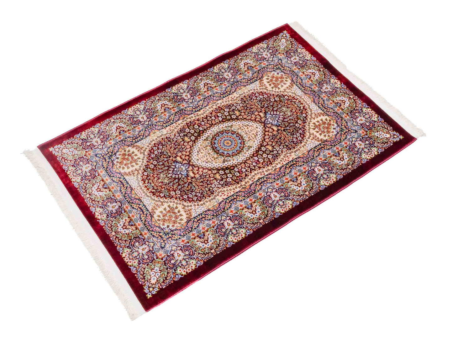 Ghom Maschinenteppich "Farr" 90 x 60 cm aus pflanzlicher Seide (Viskose) mit Medaillon, Rot. Teppichnummer: V27RD054M. Persian Luxury Collection by Khademi. Made in Iran / Persia – Vertrieb durch JUPITER Intl.