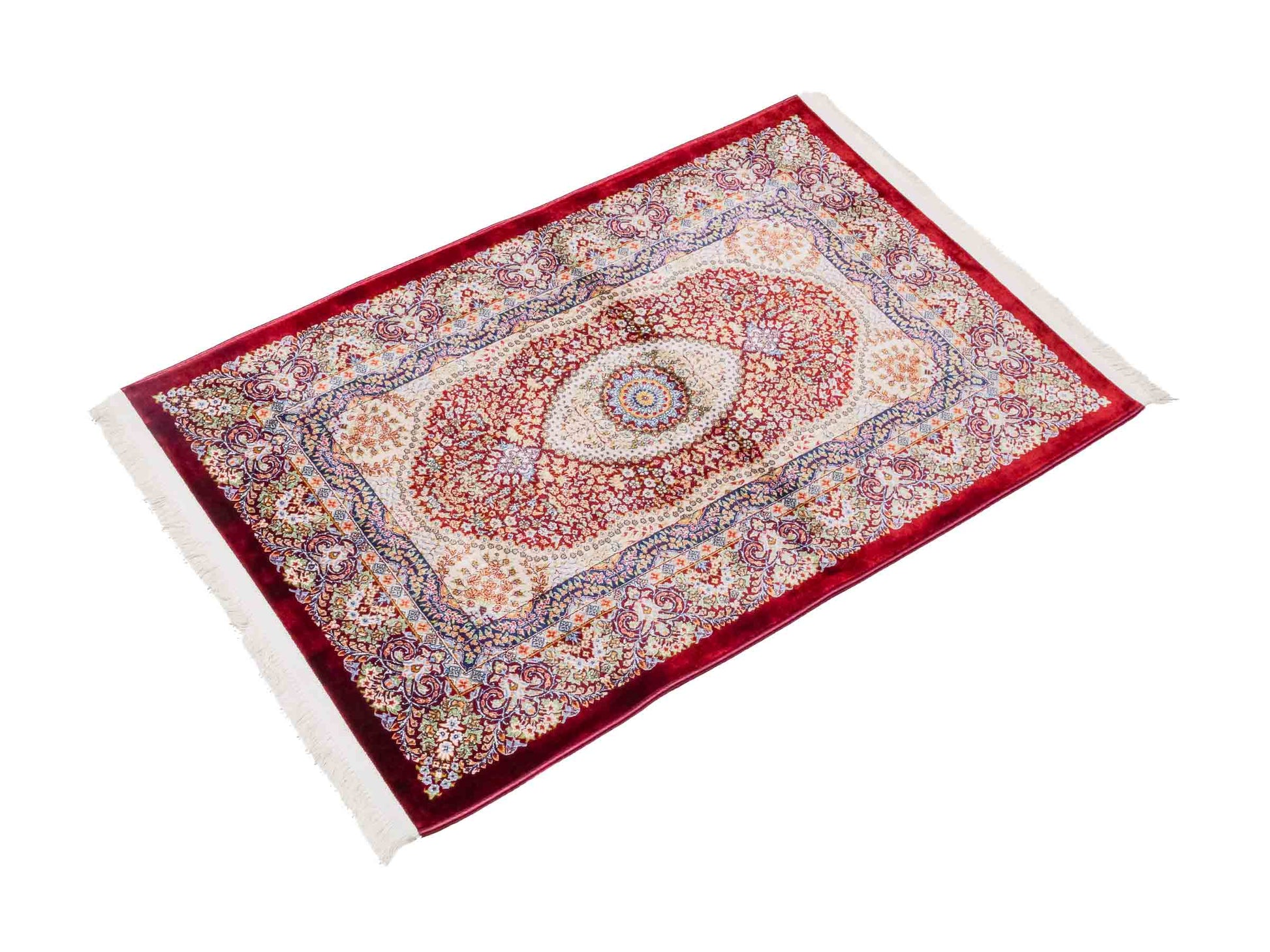Ghom Maschinenteppich "Farr" 90 x 60 cm aus pflanzlicher Seide (Viskose) mit Medaillon, Rot. Teppichnummer: V27RD054M. Persian Luxury Collection by Khademi. Made in Iran / Persia – Vertrieb durch JUPITER Intl.