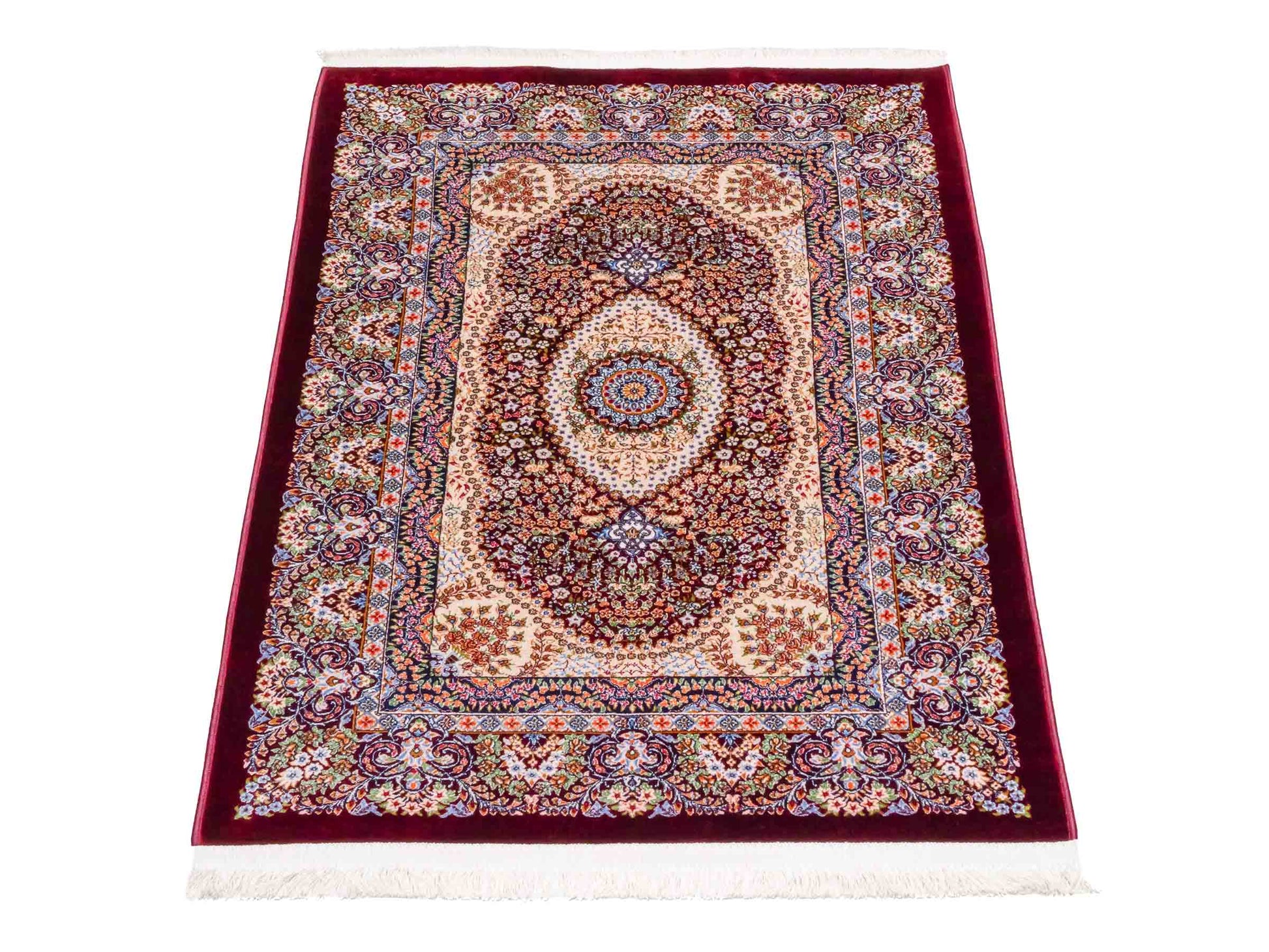 Ghom Maschinenteppich "Farr" 90 x 60 cm aus pflanzlicher Seide (Viskose) mit Medaillon, Rot. Teppichnummer: V27RD054M. Persian Luxury Collection by Khademi. Made in Iran / Persia – Vertrieb durch JUPITER Intl.