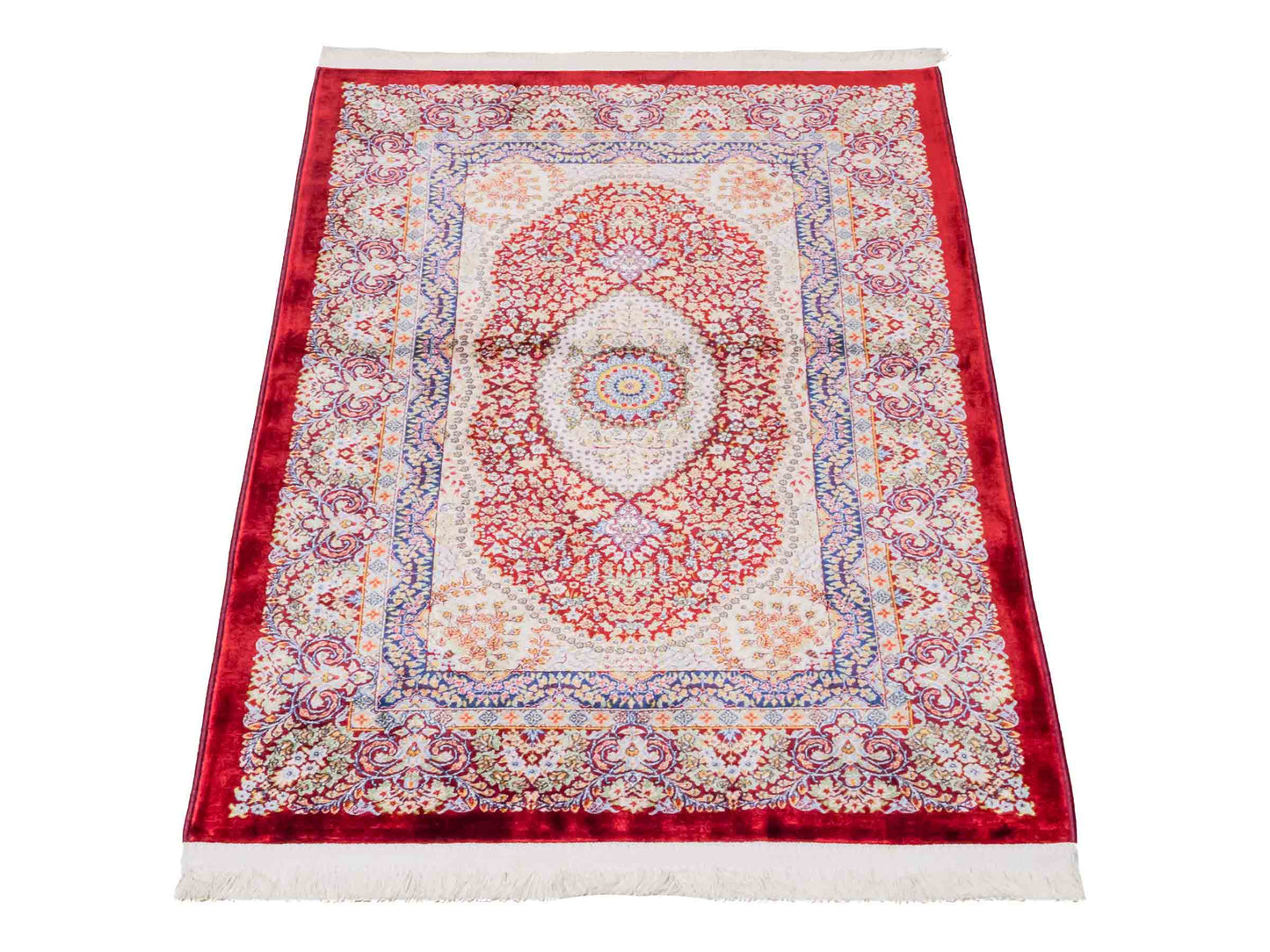Ghom Maschinenteppich "Farr" 90 x 60 cm aus pflanzlicher Seide (Viskose) mit Medaillon, Rot. Teppichnummer: V27RD054M. Persian Luxury Collection by Khademi. Made in Iran / Persia – Vertrieb durch JUPITER Intl.
