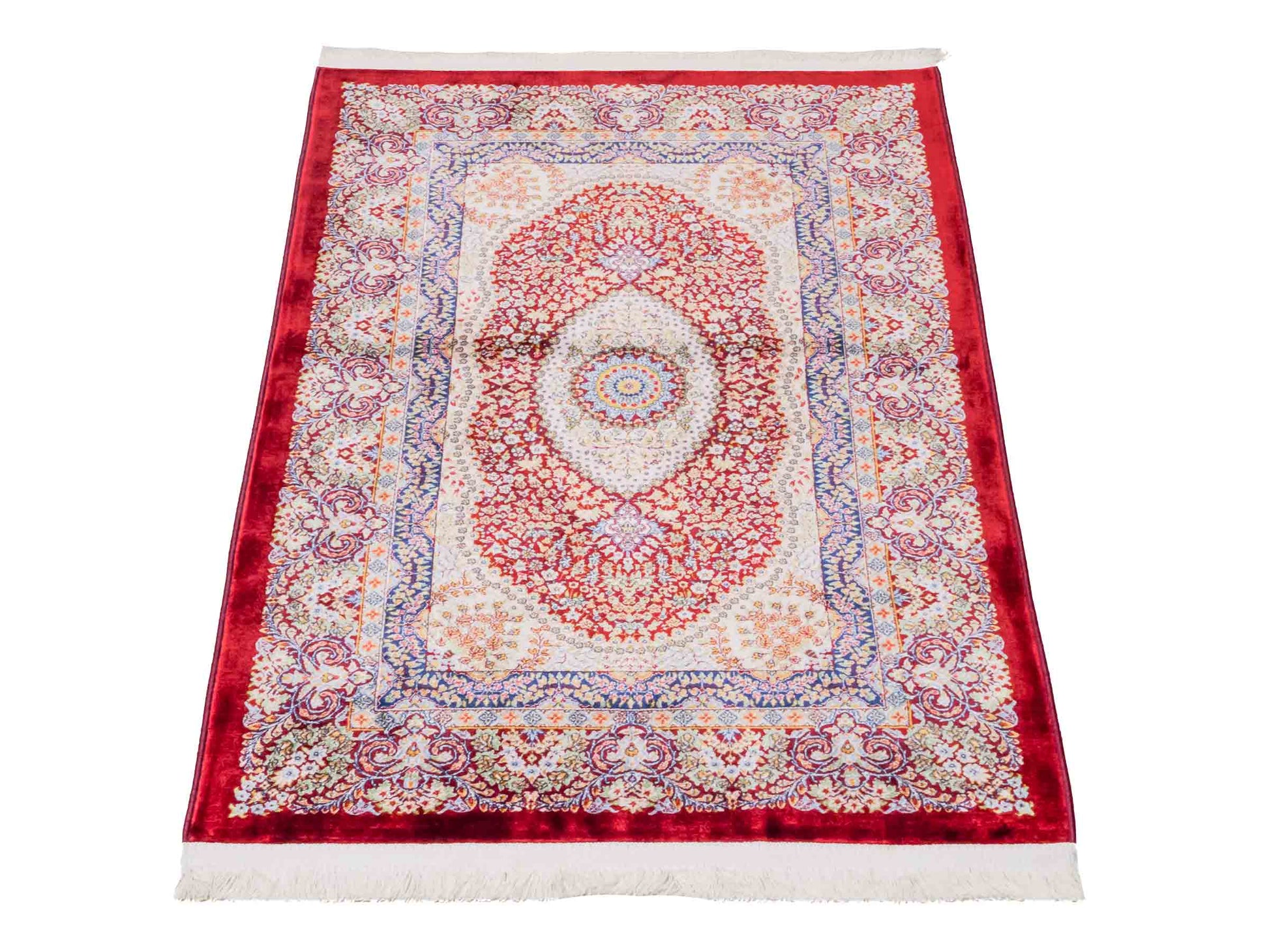Ghom Maschinenteppich "Farr" 90 x 60 cm aus pflanzlicher Seide (Viskose) mit Medaillon, Rot. Teppichnummer: V27RD054M. Persian Luxury Collection by Khademi. Made in Iran / Persia – Vertrieb durch JUPITER Intl.