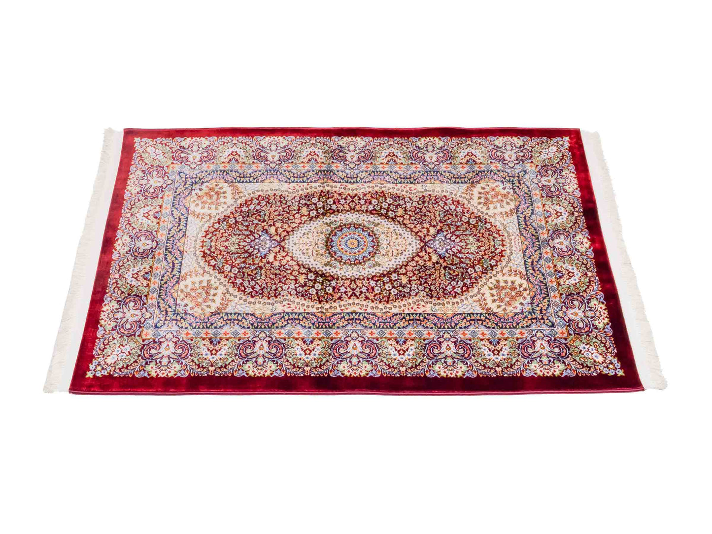 Ghom Maschinenteppich "Farr" 90 x 60 cm aus pflanzlicher Seide (Viskose) mit Medaillon, Rot. Teppichnummer: V27RD054M. Persian Luxury Collection by Khademi. Made in Iran / Persia – Vertrieb durch JUPITER Intl.