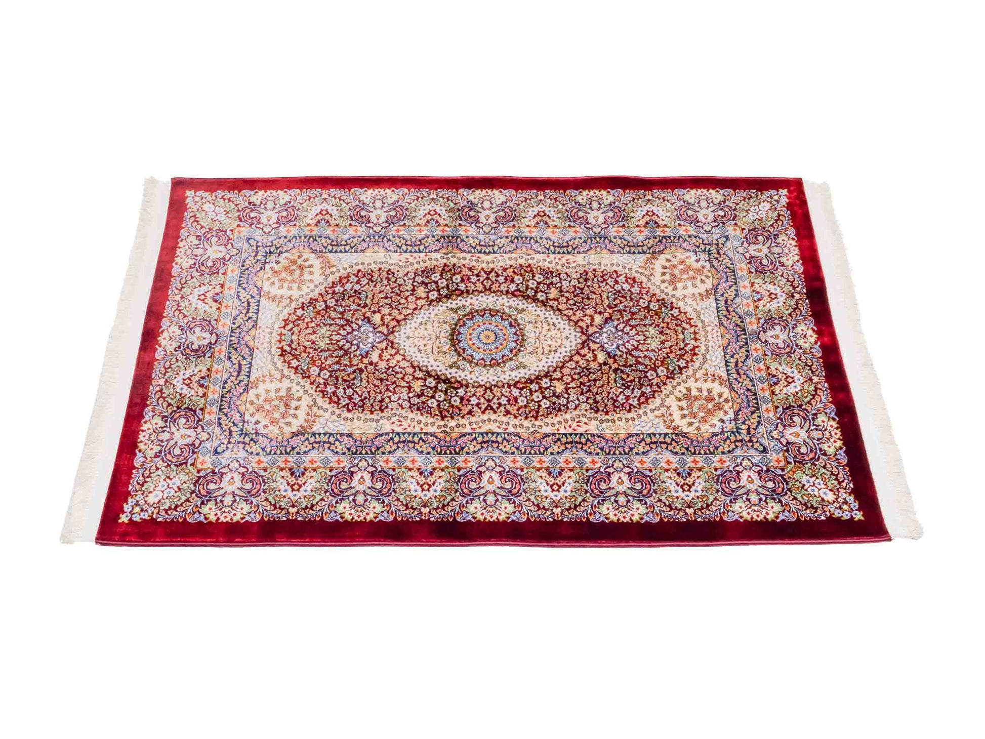 Ghom Maschinenteppich "Farr" 90 x 60 cm aus pflanzlicher Seide (Viskose) mit Medaillon, Rot. Teppichnummer: V27RD054M. Persian Luxury Collection by Khademi. Made in Iran / Persia – Vertrieb durch JUPITER Intl.