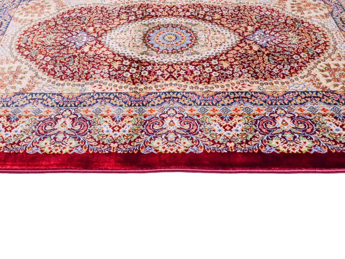 Ghom Maschinenteppich "Farr" 90 x 60 cm aus pflanzlicher Seide (Viskose) mit Medaillon, Rot. Teppichnummer: V27RD054M. Persian Luxury Collection by Khademi. Made in Iran / Persia – Vertrieb durch JUPITER Intl.