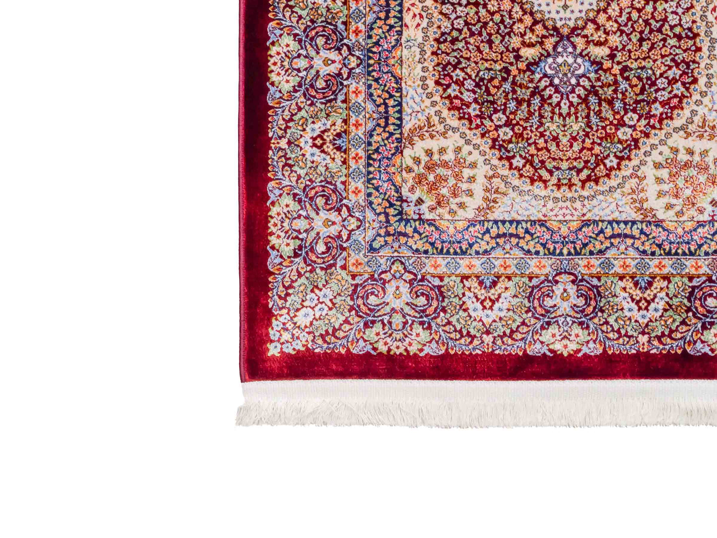 Ghom Maschinenteppich "Farr" 90 x 60 cm aus pflanzlicher Seide (Viskose) mit Medaillon, Rot. Teppichnummer: V27RD054M. Persian Luxury Collection by Khademi. Made in Iran / Persia – Vertrieb durch JUPITER Intl.