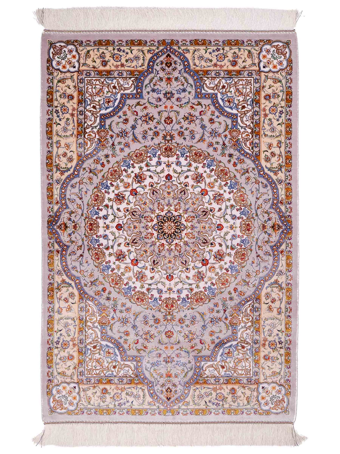 Ghom Maschinenteppich "Farroukh" 120 x 80 cm aus pflanzlicher Seide (Viskose) mit Medaillon, Silber-Grau. Teppichnummer: V29SV096H. Persian Luxury Collection by Khademi. Made in Iran / Persia – Vertrieb durch JUPITER Intl.