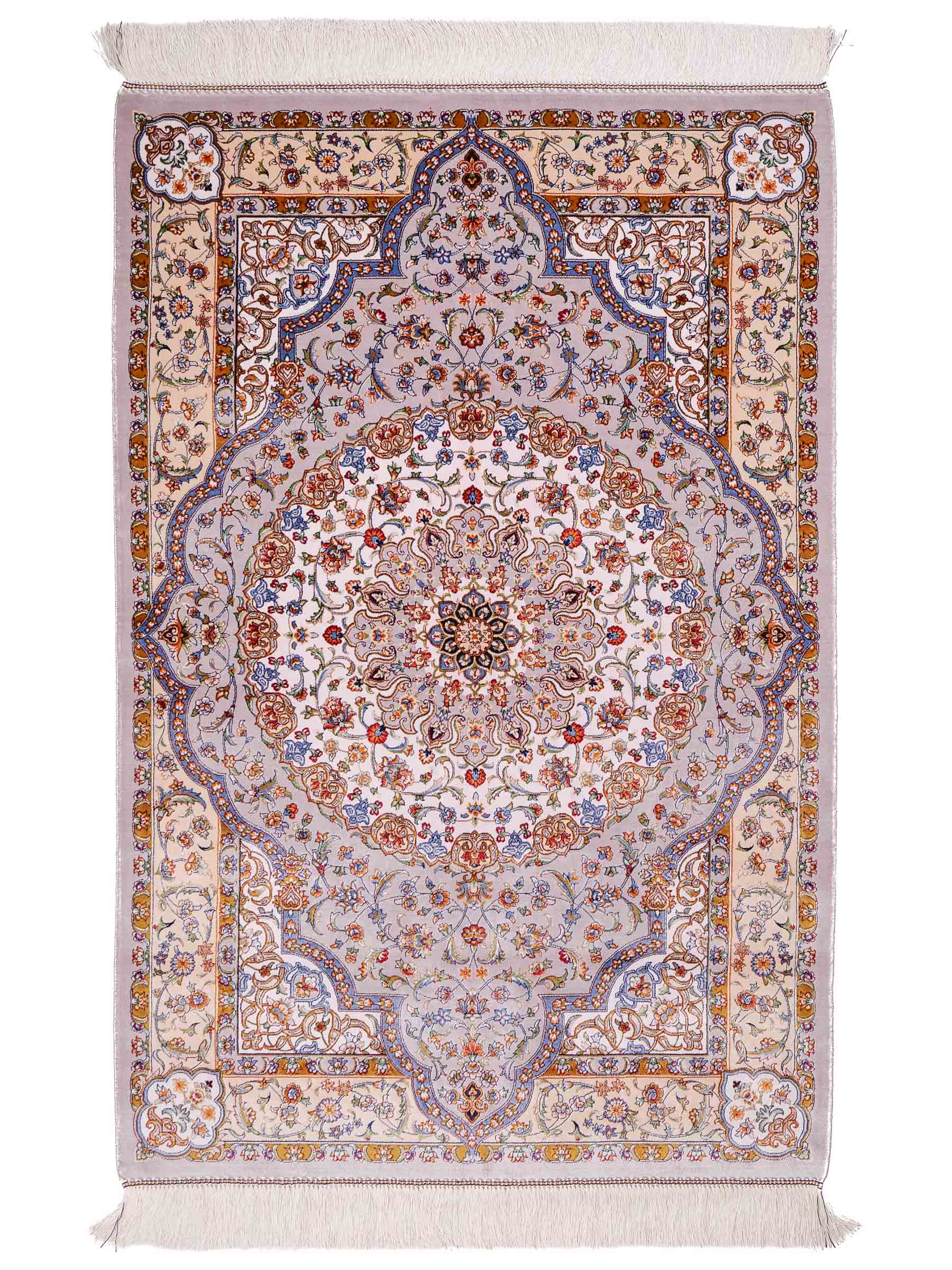 Ghom Maschinenteppich "Farroukh" 120 x 80 cm aus pflanzlicher Seide (Viskose) mit Medaillon, Silber-Grau. Teppichnummer: V29SV096H. Persian Luxury Collection by Khademi. Made in Iran / Persia – Vertrieb durch JUPITER Intl.