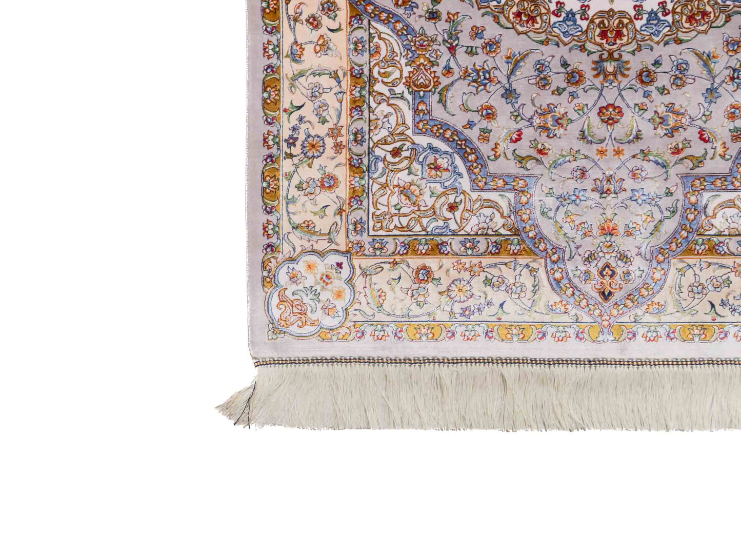 Ghom Maschinenteppich "Farroukh" 120 x 80 cm aus pflanzlicher Seide (Viskose) mit Medaillon, Silber-Grau. Teppichnummer: V29SV096H. Persian Luxury Collection by Khademi. Made in Iran / Persia – Vertrieb durch JUPITER Intl.