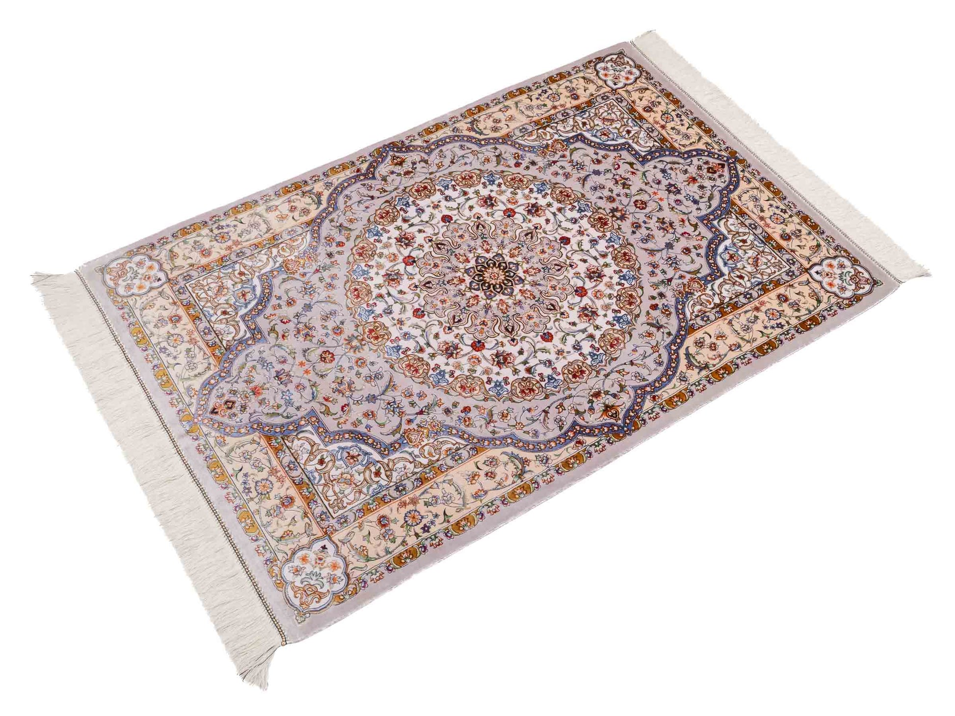 Ghom Maschinenteppich "Farroukh" 120 x 80 cm aus pflanzlicher Seide (Viskose) mit Medaillon, Silber-Grau. Teppichnummer: V29SV096H. Persian Luxury Collection by Khademi. Made in Iran / Persia – Vertrieb durch JUPITER Intl.