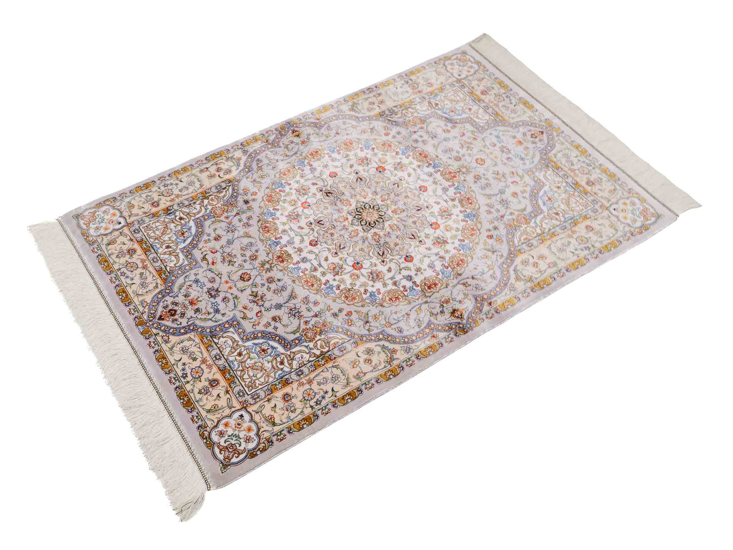 Ghom Maschinenteppich "Farroukh" 120 x 80 cm aus pflanzlicher Seide (Viskose) mit Medaillon, Silber-Grau. Teppichnummer: V29SV096H. Persian Luxury Collection by Khademi. Made in Iran / Persia – Vertrieb durch JUPITER Intl.