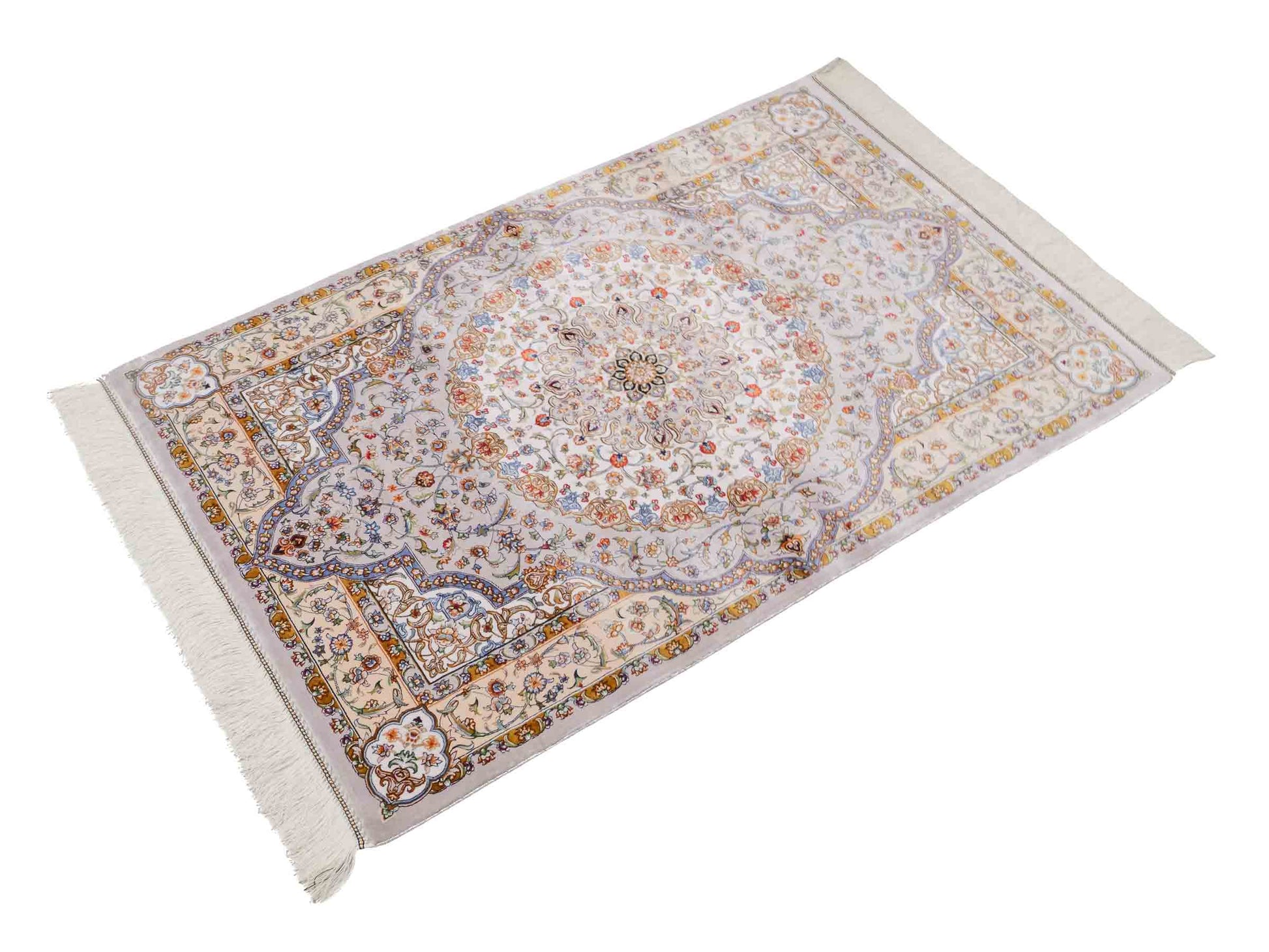 Ghom Maschinenteppich "Farroukh" 120 x 80 cm aus pflanzlicher Seide (Viskose) mit Medaillon, Silber-Grau. Teppichnummer: V29SV096H. Persian Luxury Collection by Khademi. Made in Iran / Persia – Vertrieb durch JUPITER Intl.