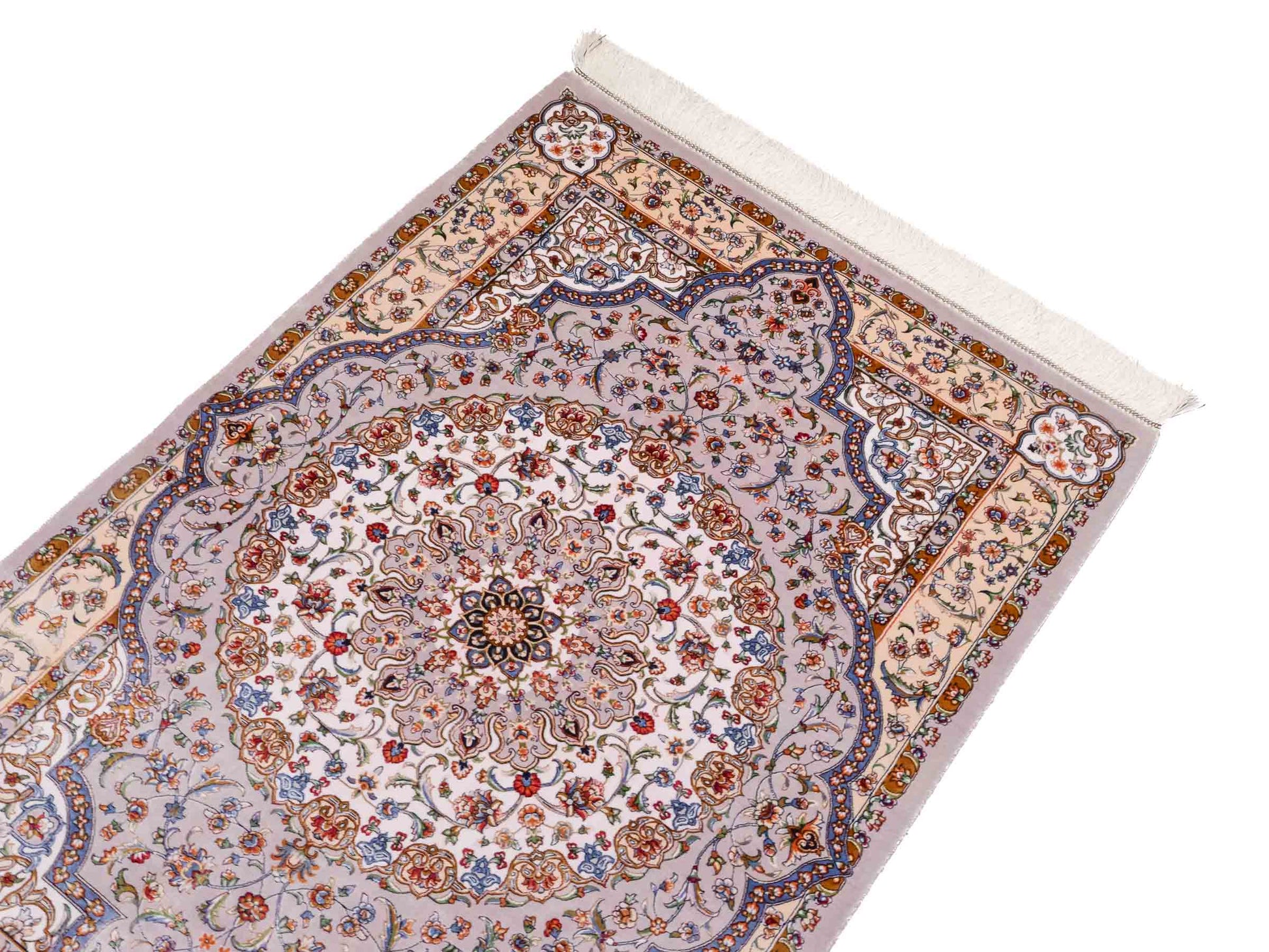 Ghom Maschinenteppich "Farroukh" 120 x 80 cm aus pflanzlicher Seide (Viskose) mit Medaillon, Silber-Grau. Teppichnummer: V29SV096H. Persian Luxury Collection by Khademi. Made in Iran / Persia – Vertrieb durch JUPITER Intl.