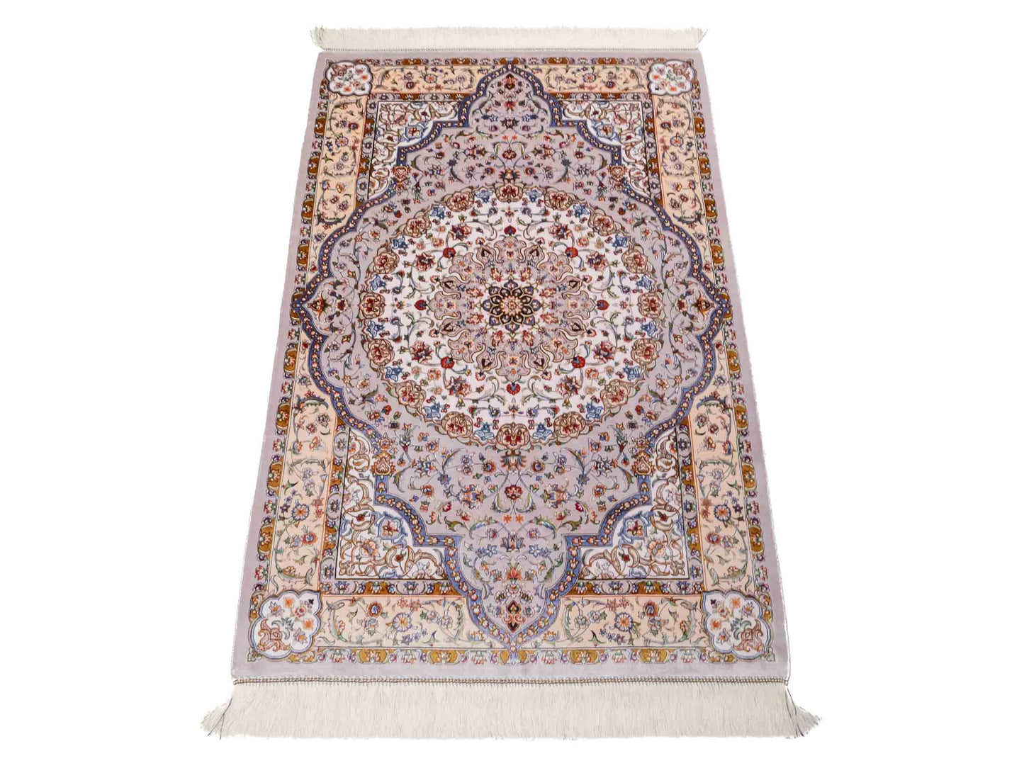 Ghom Maschinenteppich "Farroukh" 120 x 80 cm aus pflanzlicher Seide (Viskose) mit Medaillon, Silber-Grau. Teppichnummer: V29SV096H. Persian Luxury Collection by Khademi. Made in Iran / Persia – Vertrieb durch JUPITER Intl.