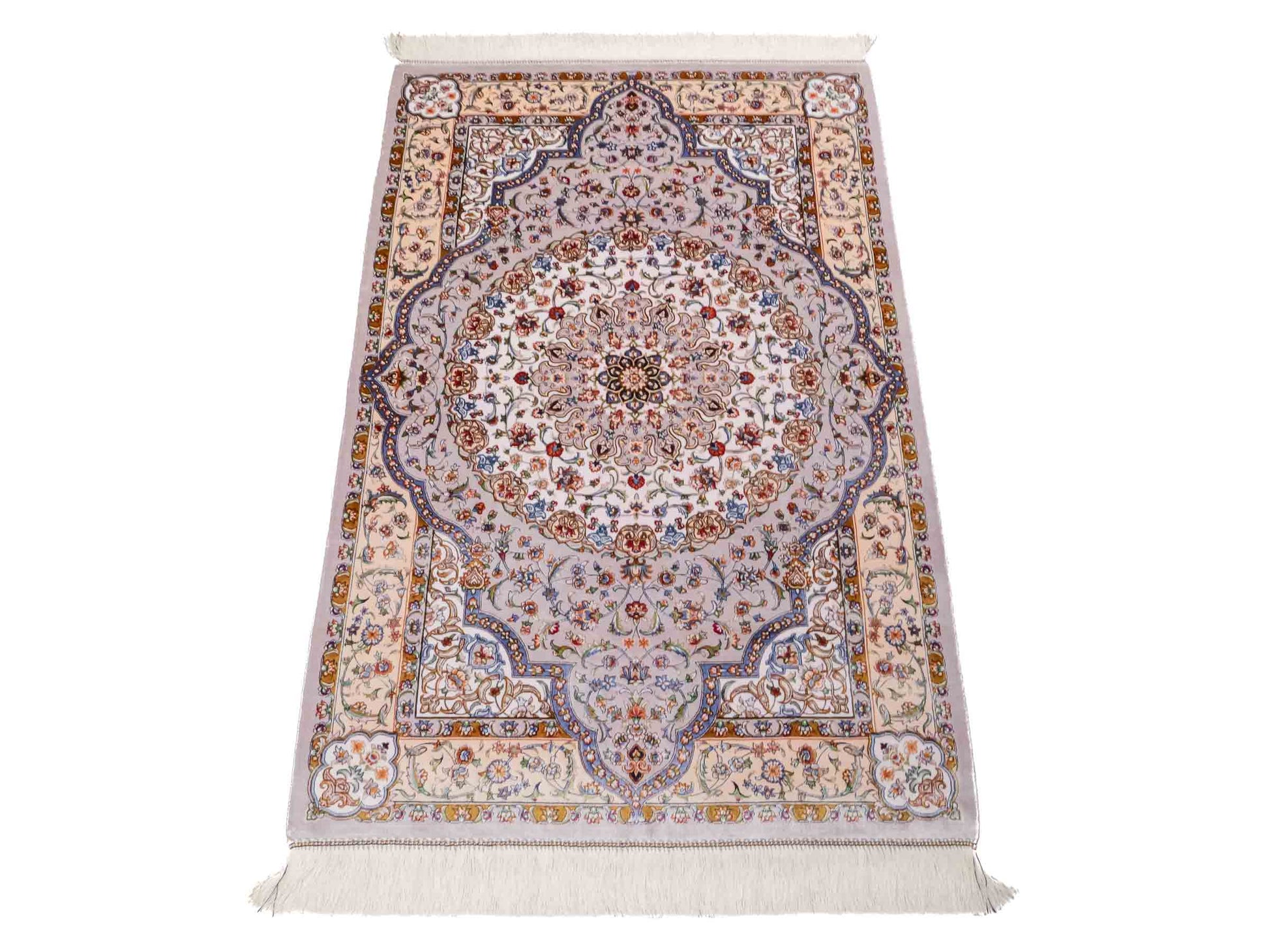 Ghom Maschinenteppich "Farroukh" 120 x 80 cm aus pflanzlicher Seide (Viskose) mit Medaillon, Silber-Grau. Teppichnummer: V29SV096H. Persian Luxury Collection by Khademi. Made in Iran / Persia – Vertrieb durch JUPITER Intl.