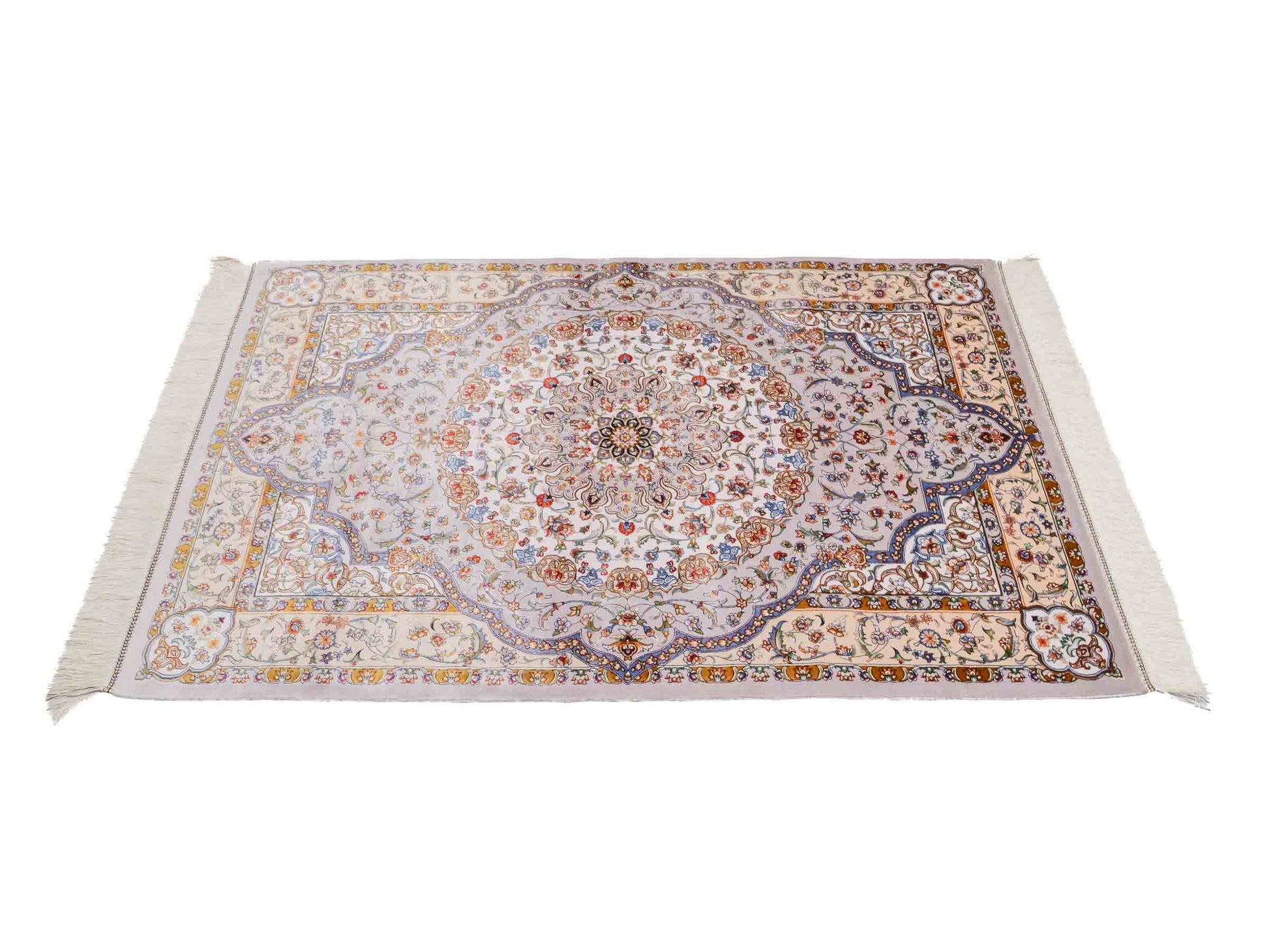 Ghom Maschinenteppich "Farroukh" 120 x 80 cm aus pflanzlicher Seide (Viskose) mit Medaillon, Silber-Grau. Teppichnummer: V29SV096H. Persian Luxury Collection by Khademi. Made in Iran / Persia – Vertrieb durch JUPITER Intl.