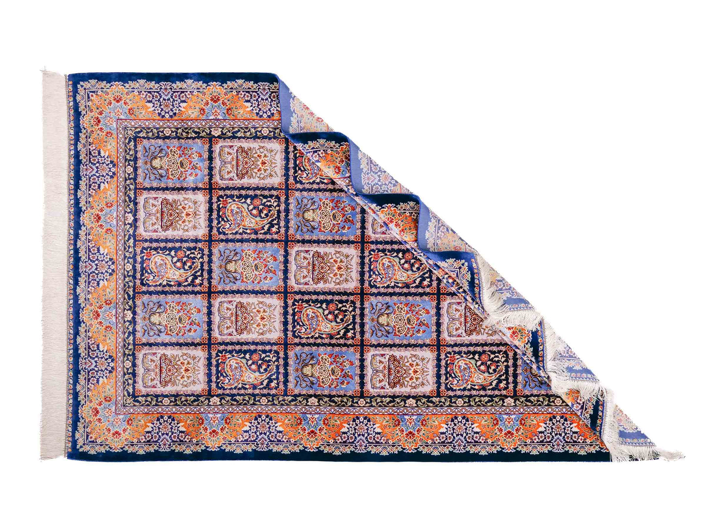 Ghom Maschinenteppich "Ferdowsi" 180 x 120 cm aus pflanzlicher Seide (Viskose) mit Feldmuster, Navy-Blau. Teppichnummer: V30NY216H. Persian Luxury Collection by Khademi. Made in Iran / Persia – Vertrieb durch JUPITER Intl.