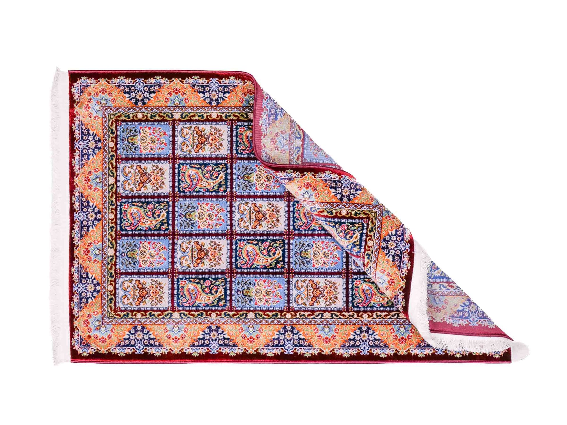 Ghom Maschinenteppich "Ferdowsi" 90 x 60 cm aus pflanzlicher Seide (Viskose) mit Feldmuster, Rot. Teppichnummer: V30RD054M. Persian Luxury Collection by Khademi. Made in Iran / Persia – Vertrieb durch JUPITER Intl.