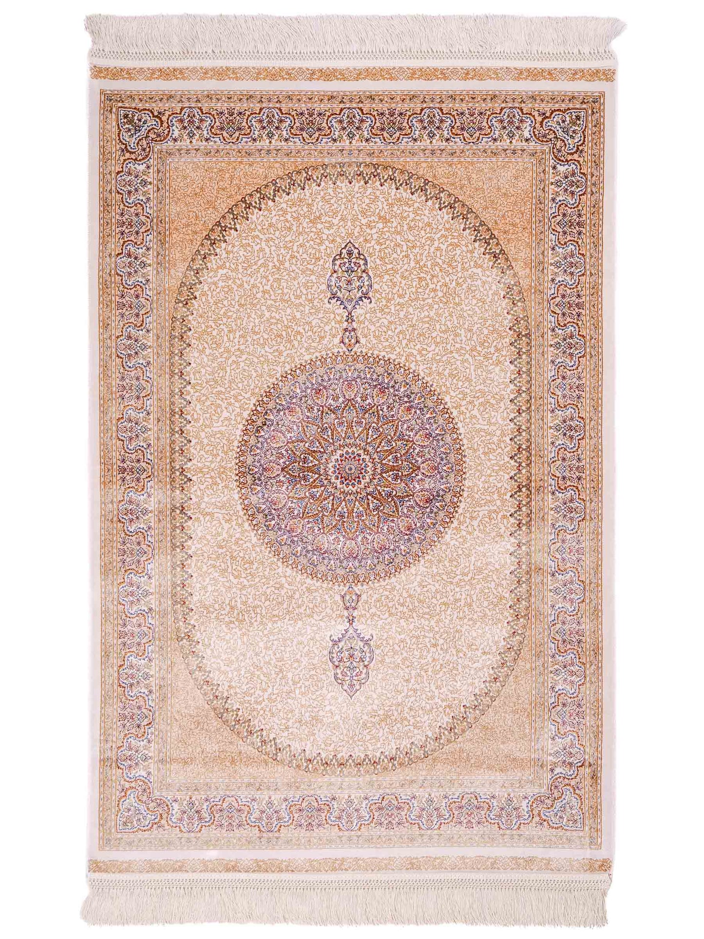 Ghom Maschinenteppich "Fereydun" 120 x 80 cm aus pflanzlicher Seide (Viskose) mit Medaillon, Cremeweiß. Teppichnummer: V28CR096M. Persian Luxury Collection by Khademi. Made in Iran / Persia – Vertrieb durch JUPITER Intl.