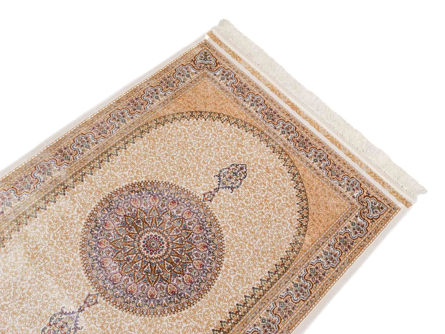 Ghom Maschinenteppich "Fereydun" 120 x 80 cm aus pflanzlicher Seide (Viskose) mit Medaillon, Cremeweiß. Teppichnummer: V28CR096M. Persian Luxury Collection by Khademi. Made in Iran / Persia – Vertrieb durch JUPITER Intl.