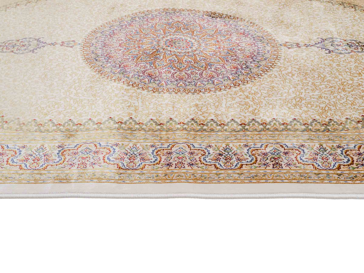 Ghom Maschinenteppich "Fereydun" 120 x 80 cm aus pflanzlicher Seide (Viskose) mit Medaillon, Cremeweiß. Teppichnummer: V28CR096M. Persian Luxury Collection by Khademi. Made in Iran / Persia – Vertrieb durch JUPITER Intl.