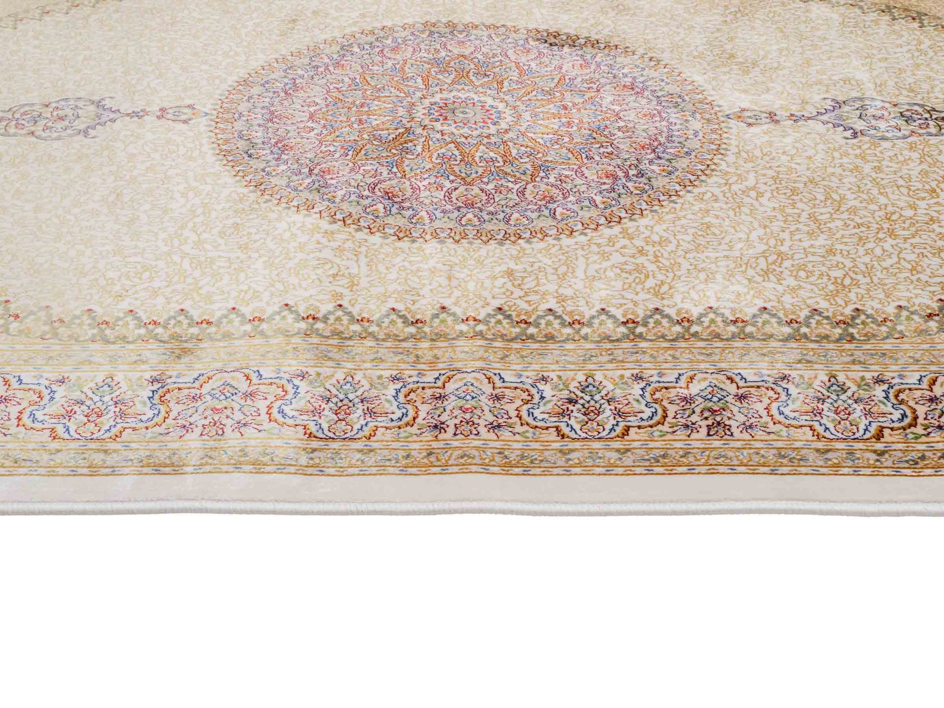 Ghom Maschinenteppich "Fereydun" 120 x 80 cm aus pflanzlicher Seide (Viskose) mit Medaillon, Cremeweiß. Teppichnummer: V28CR096M. Persian Luxury Collection by Khademi. Made in Iran / Persia – Vertrieb durch JUPITER Intl.