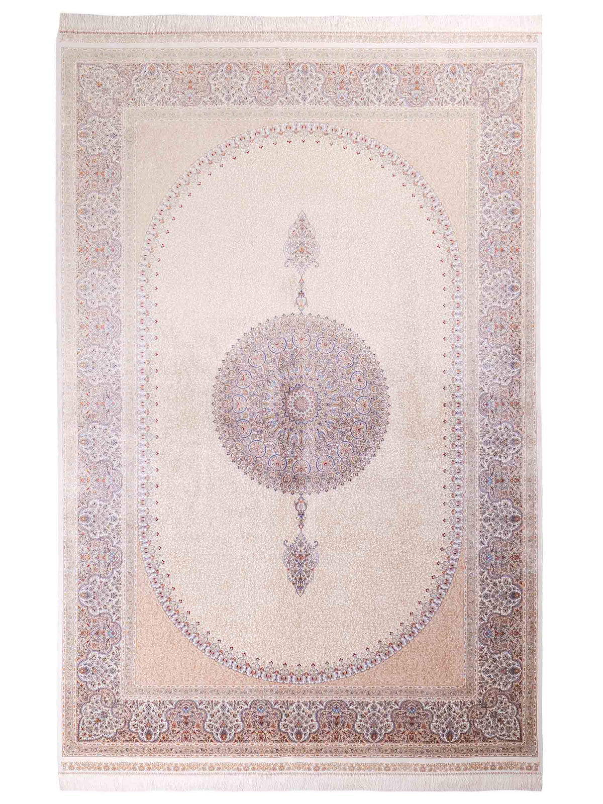 Ghom Maschinenteppich "Fereydun" 300 x 200 cm, mit Medaillon, aus pflanzlicher Seide (Viskose), Cremeweiß-Gold. Teppichnummer: V28CR600H. Persian Luxury Collection by Khademi. Made in Iran / Persia – Vertrieb durch JUPITER Intl.