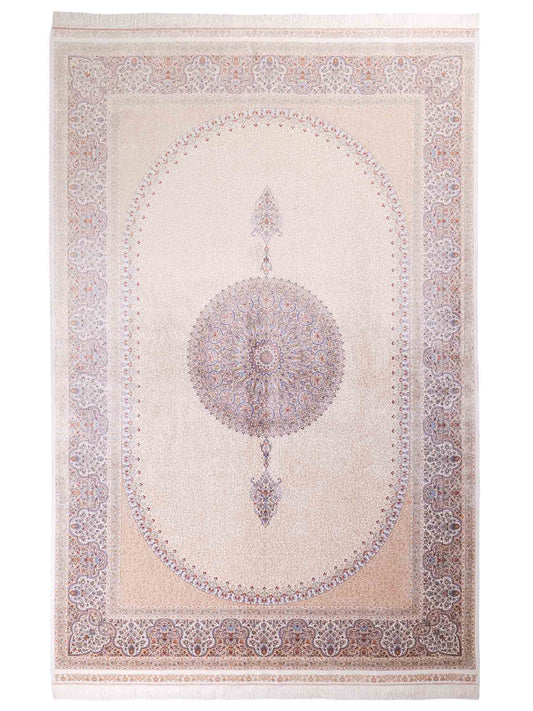 Ghom Maschinenteppich "Fereydun" 300 x 200 cm, mit Medaillon, aus pflanzlicher Seide (Viskose), Cremeweiß-Gold. Teppichnummer: V28CR600H. Persian Luxury Collection by Khademi. Made in Iran / Persia – Vertrieb durch JUPITER Intl.