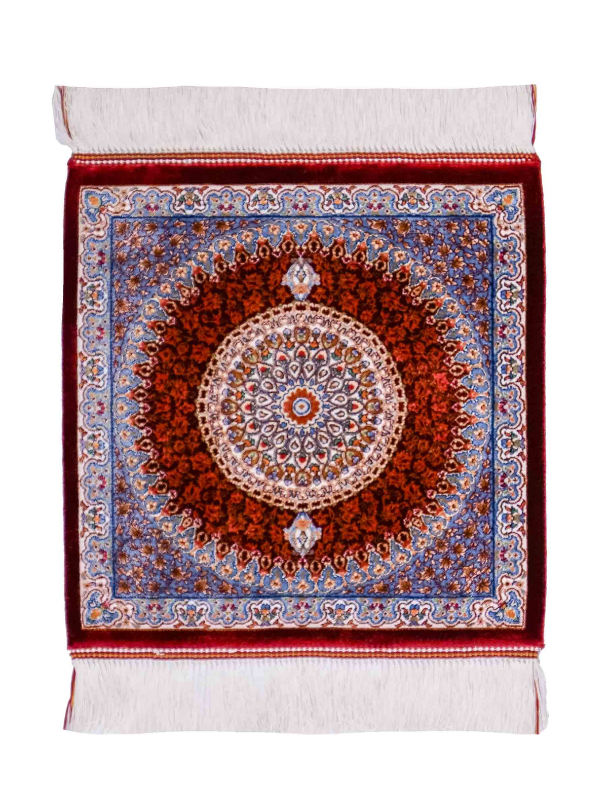 Ghom Maschinenteppich "Fereydun" 40 x 40 cm, mit Medaillon, Rot-Orange, aus pflanzlicher Seide (Viskose), Hand-Finished. Teppichnummer: V28RD016H. Persian Luxury Collection by Khademi. Made in Iran / Persia – Vertrieb durch JUPITER Intl.