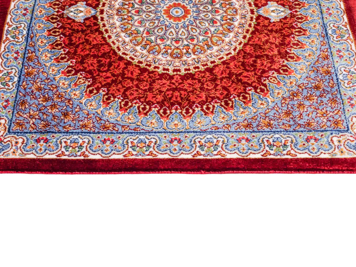 Ghom Maschinenteppich "Fereydun" 40 x 40 cm, mit Medaillon, Rot-Orange, aus pflanzlicher Seide (Viskose), Hand-Finished. Teppichnummer: V28RD016H. Persian Luxury Collection by Khademi. Made in Iran / Persia – Vertrieb durch JUPITER Intl.