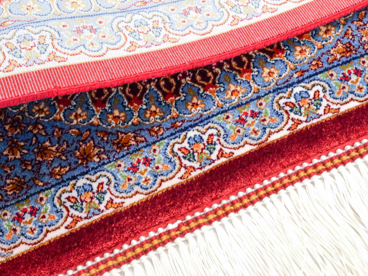 Ghom Maschinenteppich "Fereydun" 40 x 40 cm, mit Medaillon, Rot-Orange, aus pflanzlicher Seide (Viskose), Hand-Finished. Teppichnummer: V28RD016H. Persian Luxury Collection by Khademi. Made in Iran / Persia – Vertrieb durch JUPITER Intl.