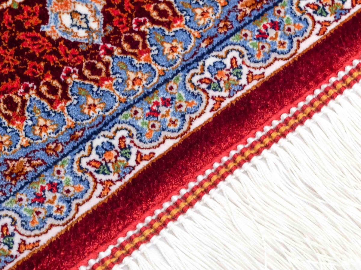 Ghom Maschinenteppich "Fereydun" 40 x 40 cm, mit Medaillon, Rot-Orange, aus pflanzlicher Seide (Viskose), Hand-Finished. Teppichnummer: V28RD016H. Persian Luxury Collection by Khademi. Made in Iran / Persia – Vertrieb durch JUPITER Intl.