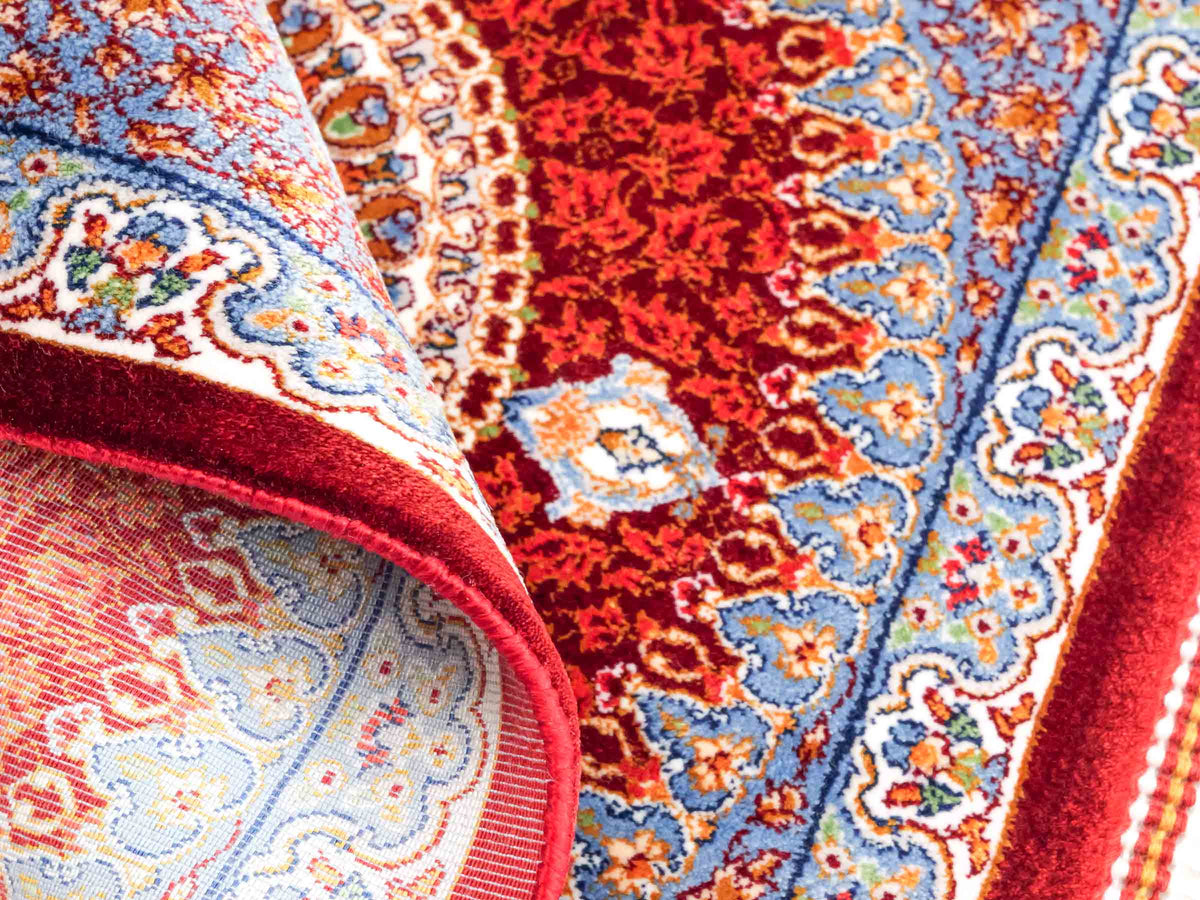 Ghom Maschinenteppich "Fereydun" 40 x 40 cm, mit Medaillon, Rot-Orange, aus pflanzlicher Seide (Viskose), Hand-Finished. Teppichnummer: V28RD016H. Persian Luxury Collection by Khademi. Made in Iran / Persia – Vertrieb durch JUPITER Intl.