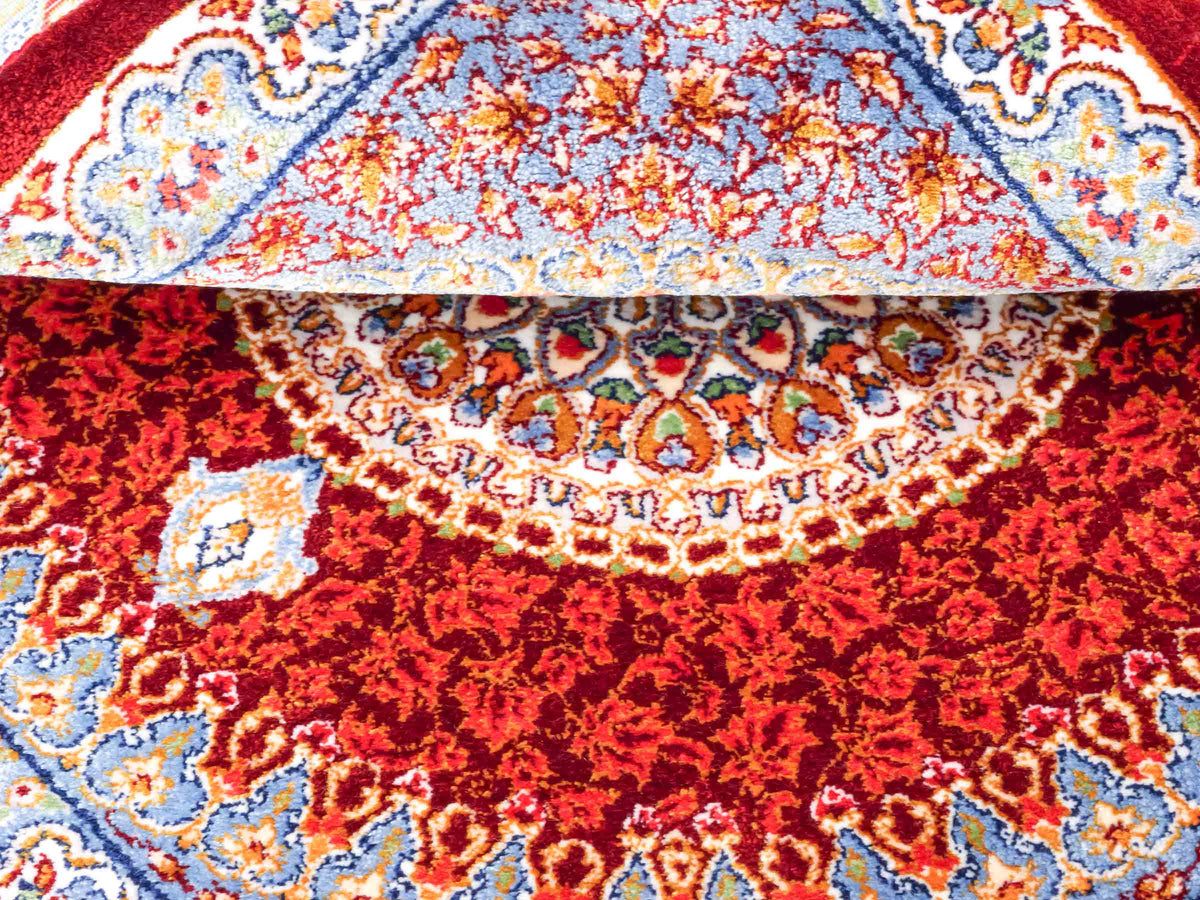 Ghom Maschinenteppich "Fereydun" 40 x 40 cm, mit Medaillon, Rot-Orange, aus pflanzlicher Seide (Viskose), Hand-Finished. Teppichnummer: V28RD016H. Persian Luxury Collection by Khademi. Made in Iran / Persia – Vertrieb durch JUPITER Intl.