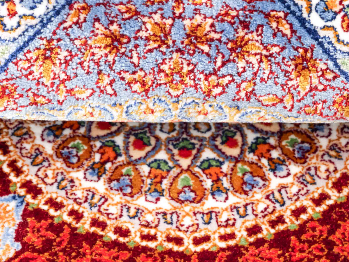 Ghom Maschinenteppich "Fereydun" 40 x 40 cm, mit Medaillon, Rot-Orange, aus pflanzlicher Seide (Viskose), Hand-Finished. Teppichnummer: V28RD016H. Persian Luxury Collection by Khademi. Made in Iran / Persia – Vertrieb durch JUPITER Intl.